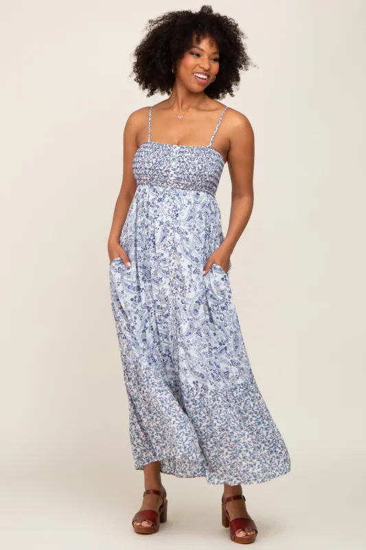 Blue Floral Paisley Smocked Button Front Maxi Dress sold by Pinkblush