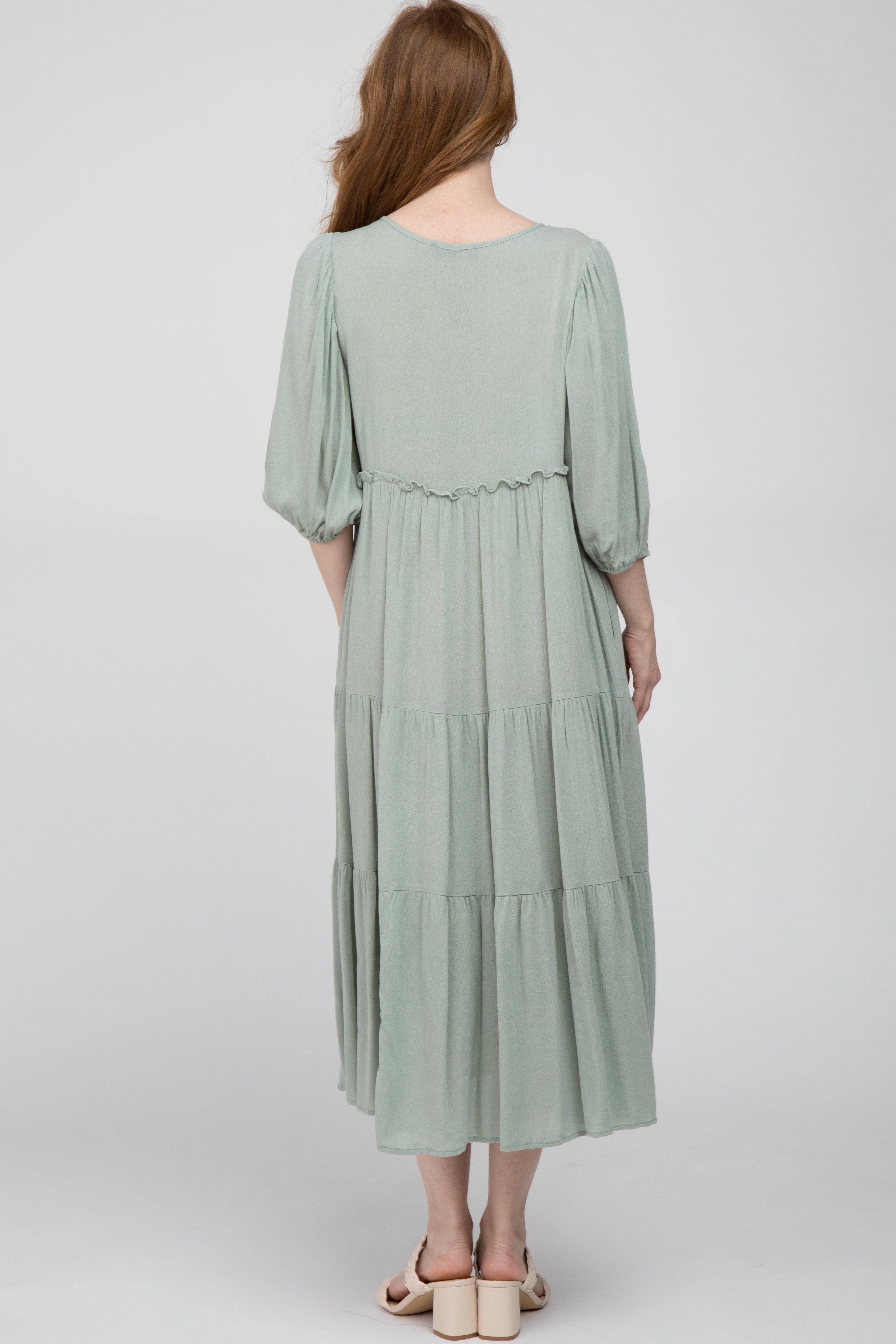 Light Olive Puff Sleeve Tiered Midi Dress sold by Pinkblush product image thumbnail 3