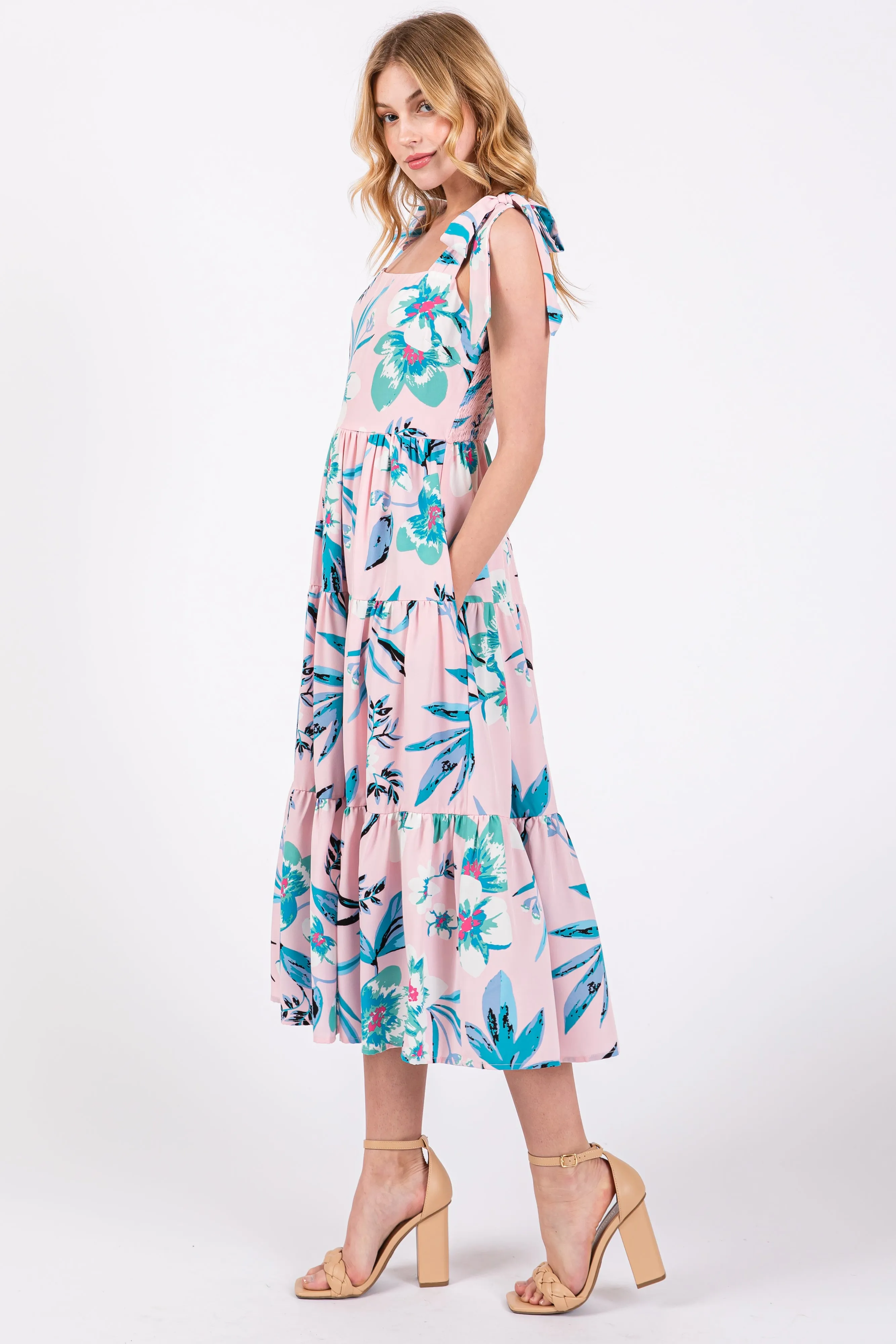 Light Pink Sleeveless Floral Tiered Midi Dress sold by Pinkblush product image thumbnail 2