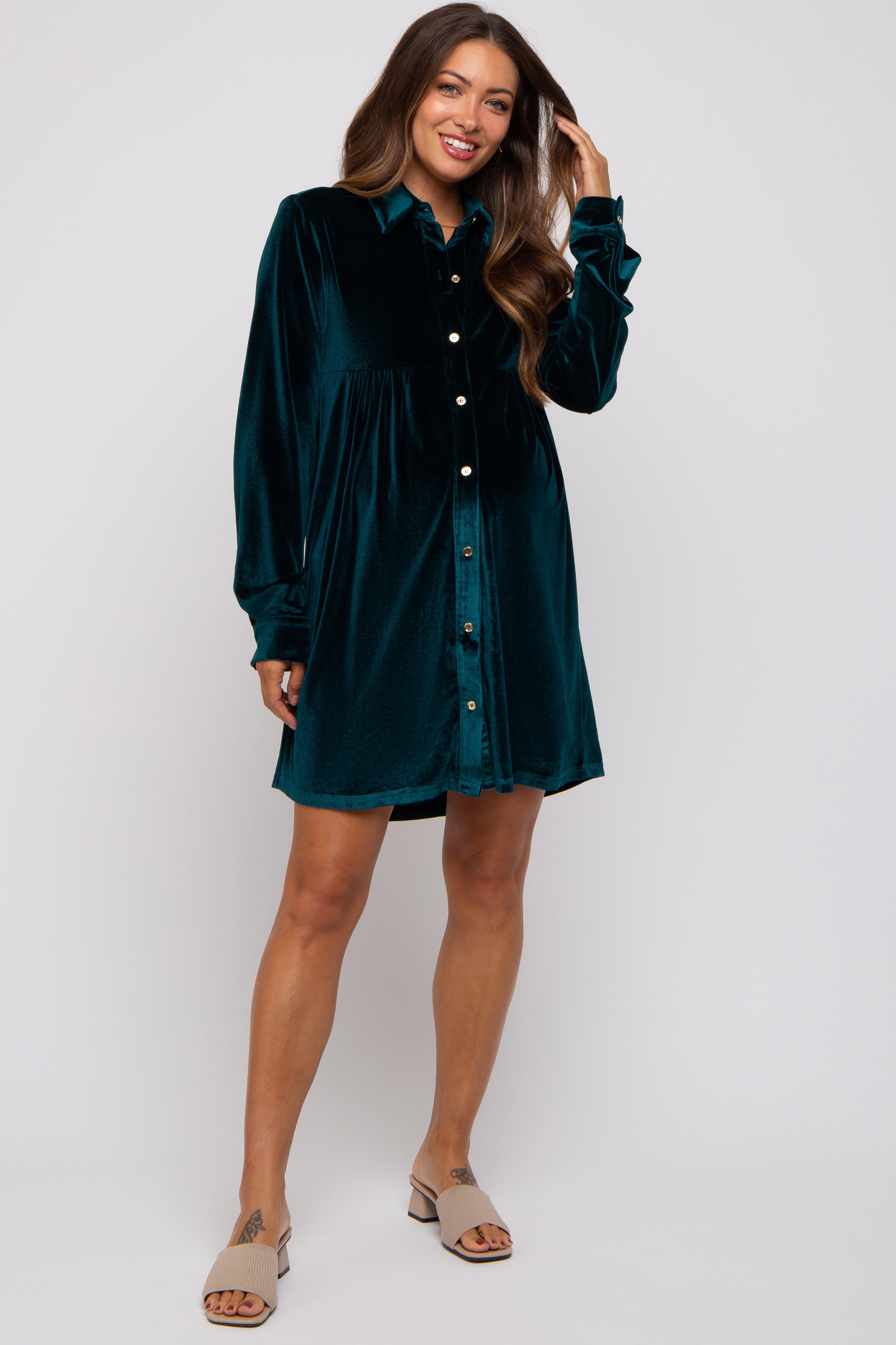 Emerald Green Velvet Button Down Maternity Dress sold by Pinkblush product image thumbnail 2