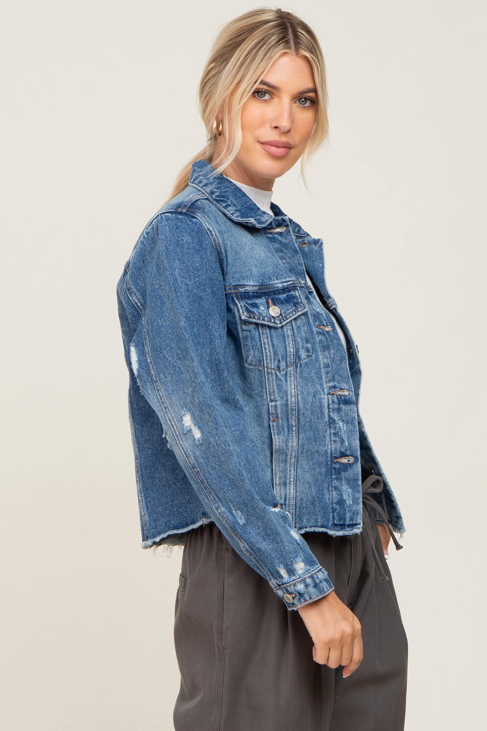 Navy Blue Distressed Cropped Denim Jacket sold by Pinkblush product image thumbnail 2