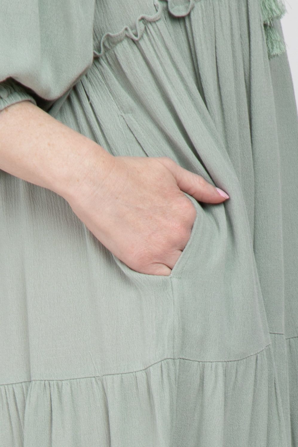 Light Olive Puff Sleeve Tiered Midi Dress sold by Pinkblush product image thumbnail 4