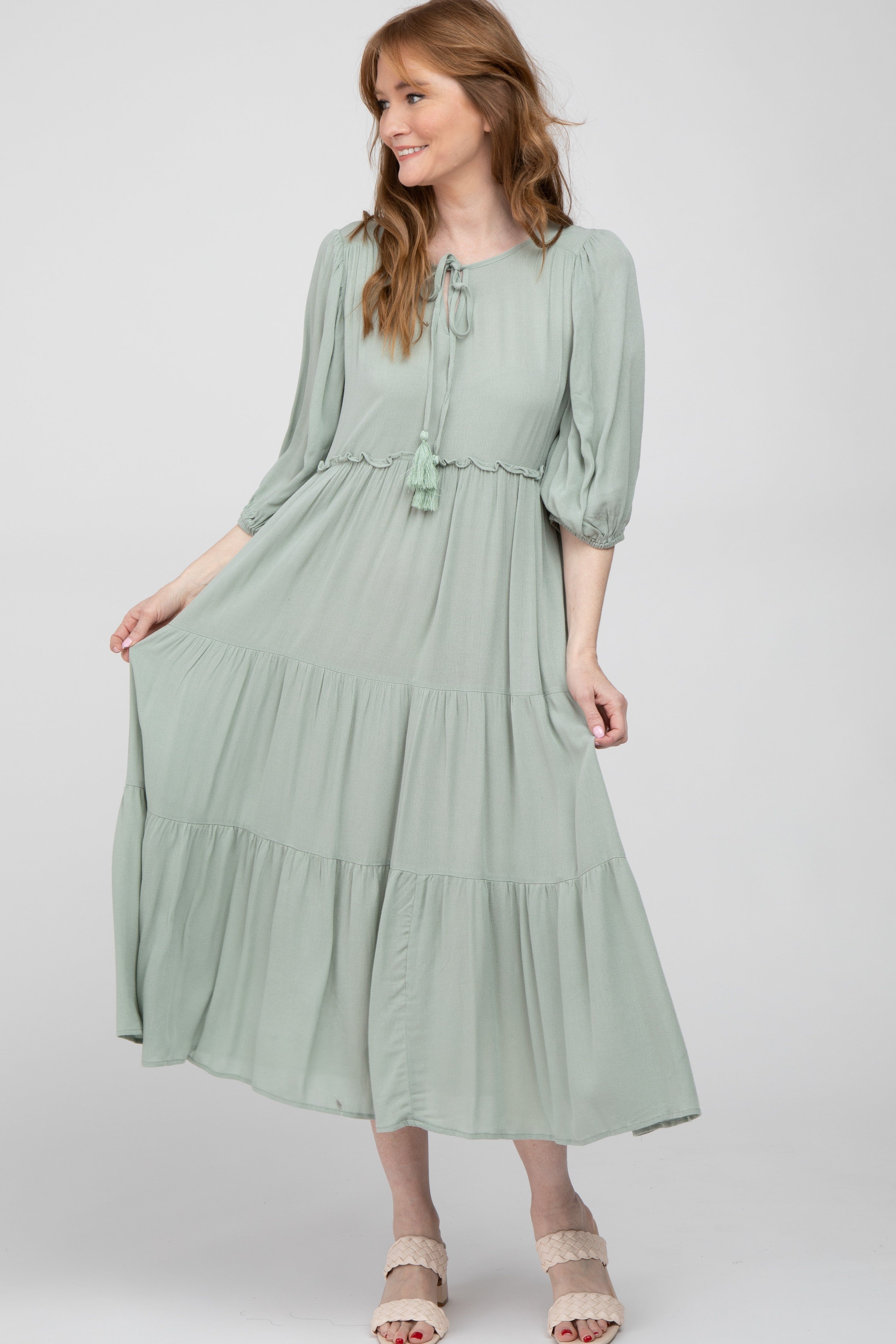 Light Olive Puff Sleeve Tiered Midi Dress sold by Pinkblush