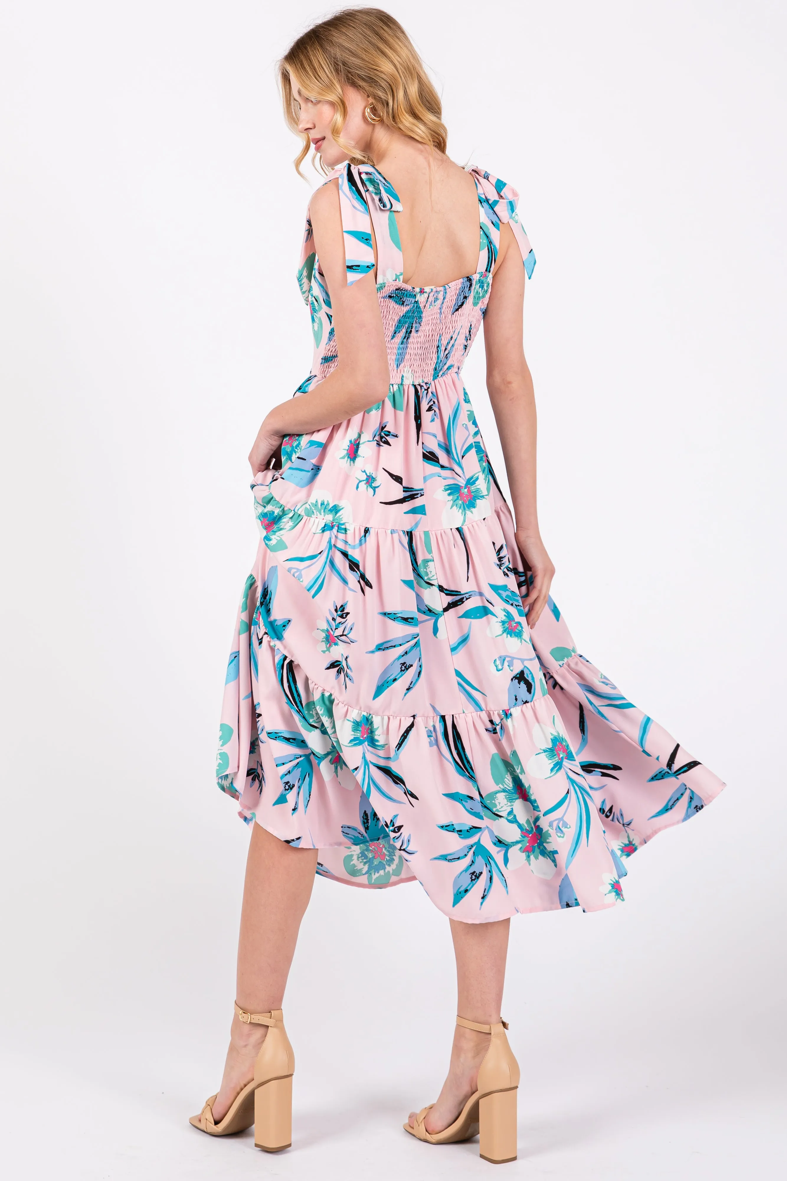 Light Pink Sleeveless Floral Tiered Midi Dress sold by Pinkblush product image thumbnail 3