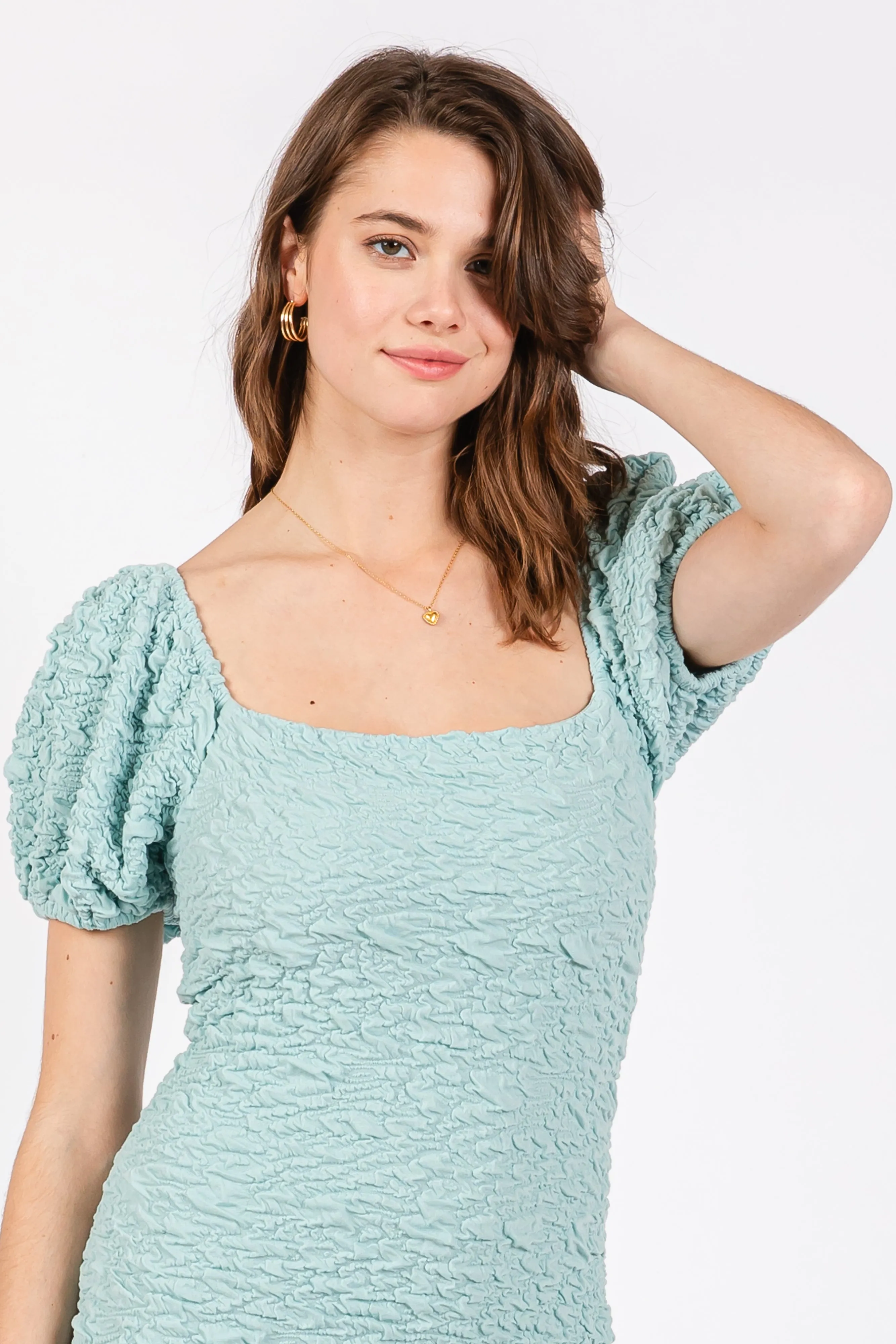 Mint Textured Square Neck Puff Sleeve Midi Dress sold by Pinkblush product image thumbnail 4