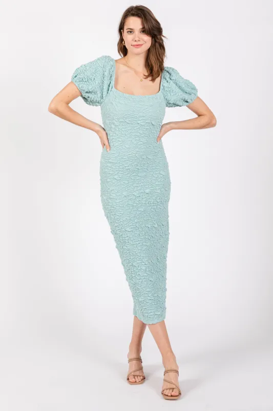 Mint Textured Square Neck Puff Sleeve Midi Dress sold by Pinkblush