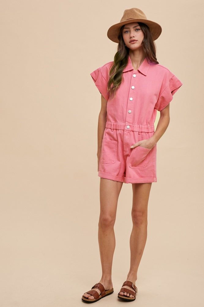 Aurora Pink Mineral Washed Elastic Waistband Pockets Romper sold by Pinkblush product image thumbnail 4