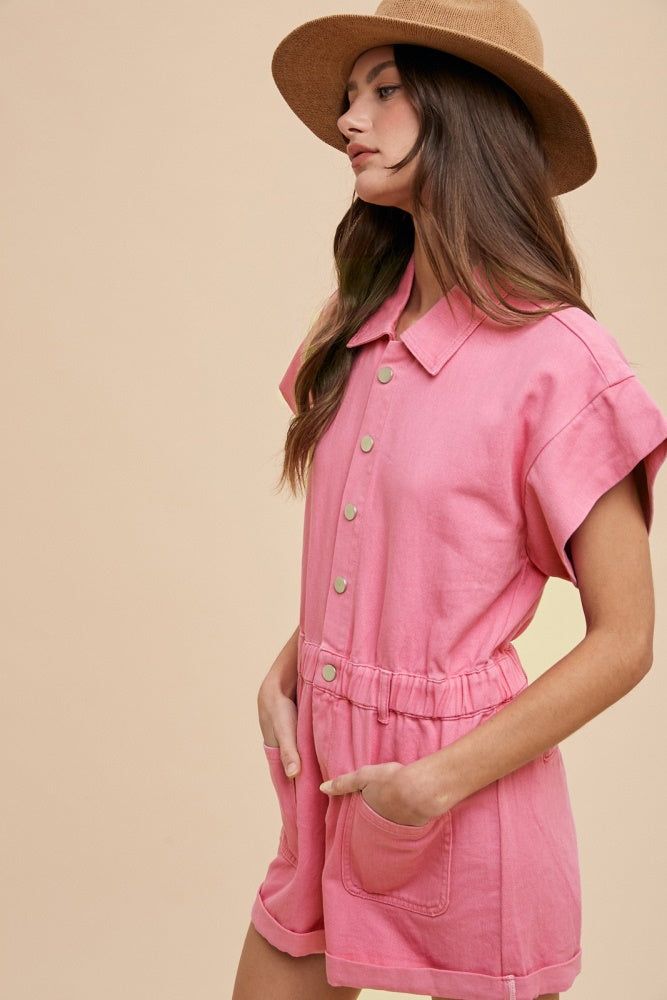 Aurora Pink Mineral Washed Elastic Waistband Pockets Romper sold by Pinkblush product image thumbnail 2