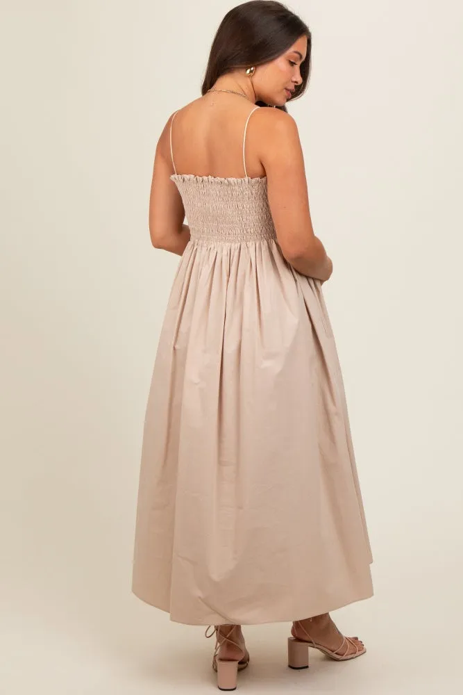 Beige Smocked Pocketed Maternity Midi Dress sold by Pinkblush product image thumbnail 5
