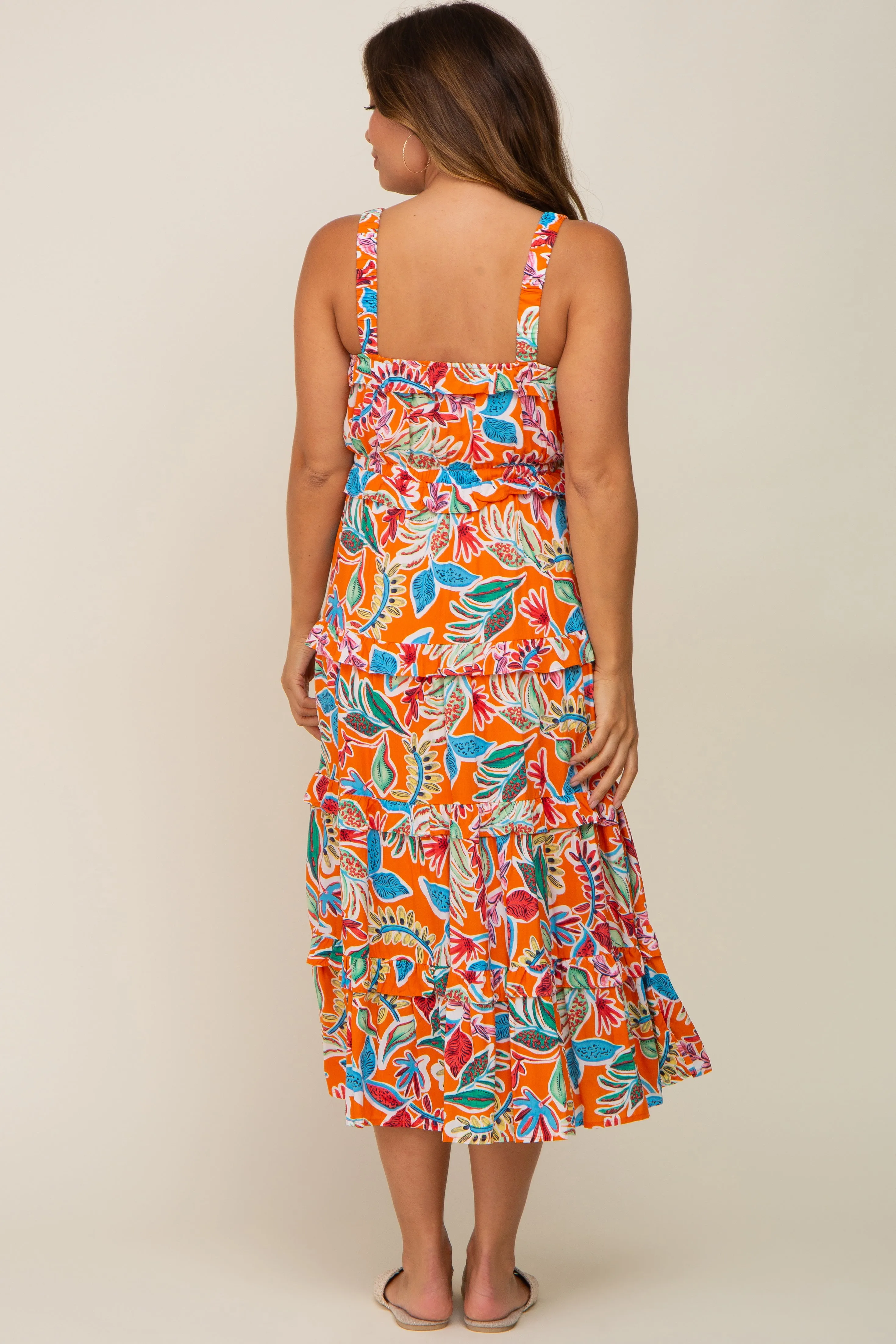 Orange Multi-Color Floral Sleeveless Tiered Maternity Midi Dress sold by Pinkblush product image thumbnail 3