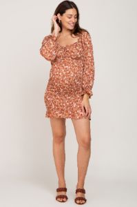 Rust Floral Sweetheart Neck Smocked Long Sleeve Maternity Dress sold by Pinkblush