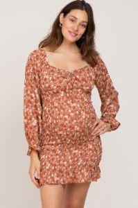Rust Floral Sweetheart Neck Smocked Long Sleeve Maternity Dress sold by Pinkblush