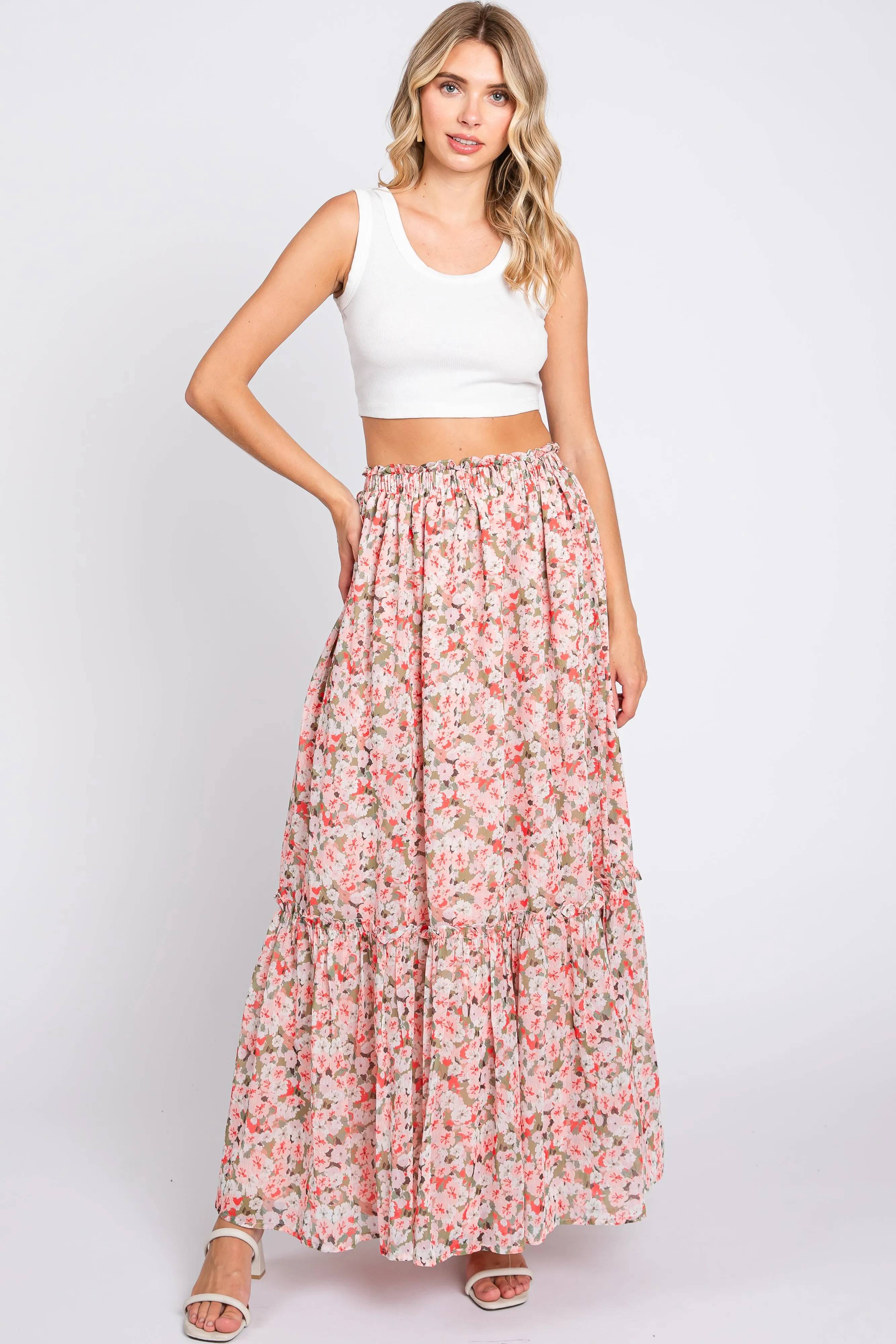 Pink Smocked Waist Tiered Maxi Skirt sold by Pinkblush