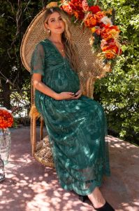 Teal Green Lace Mesh Overlay Maternity Maxi Dress sold by Pinkblush