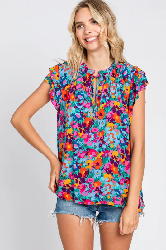 Fuchsia Multi-Color Floral Ruffle Front Tie Top sold by Pinkblush