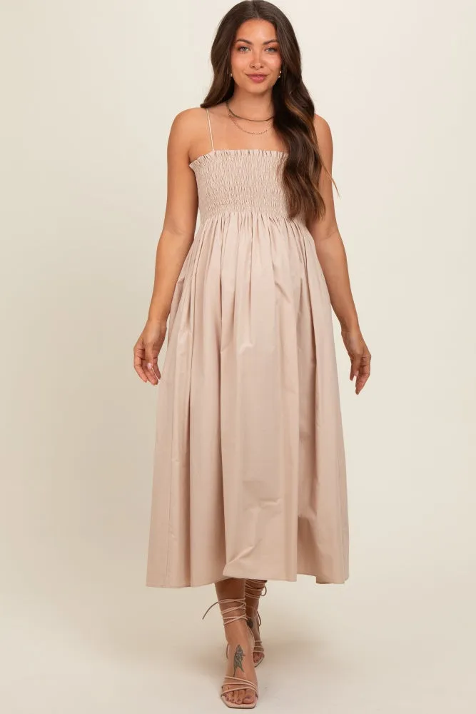 Beige Smocked Pocketed Maternity Midi Dress sold by Pinkblush product image thumbnail 3