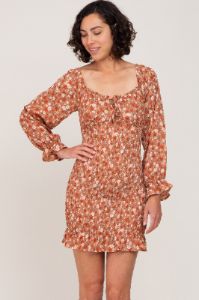 Rust Floral Sweetheart Neck Smocked Long Sleeve Maternity Dress sold by Pinkblush