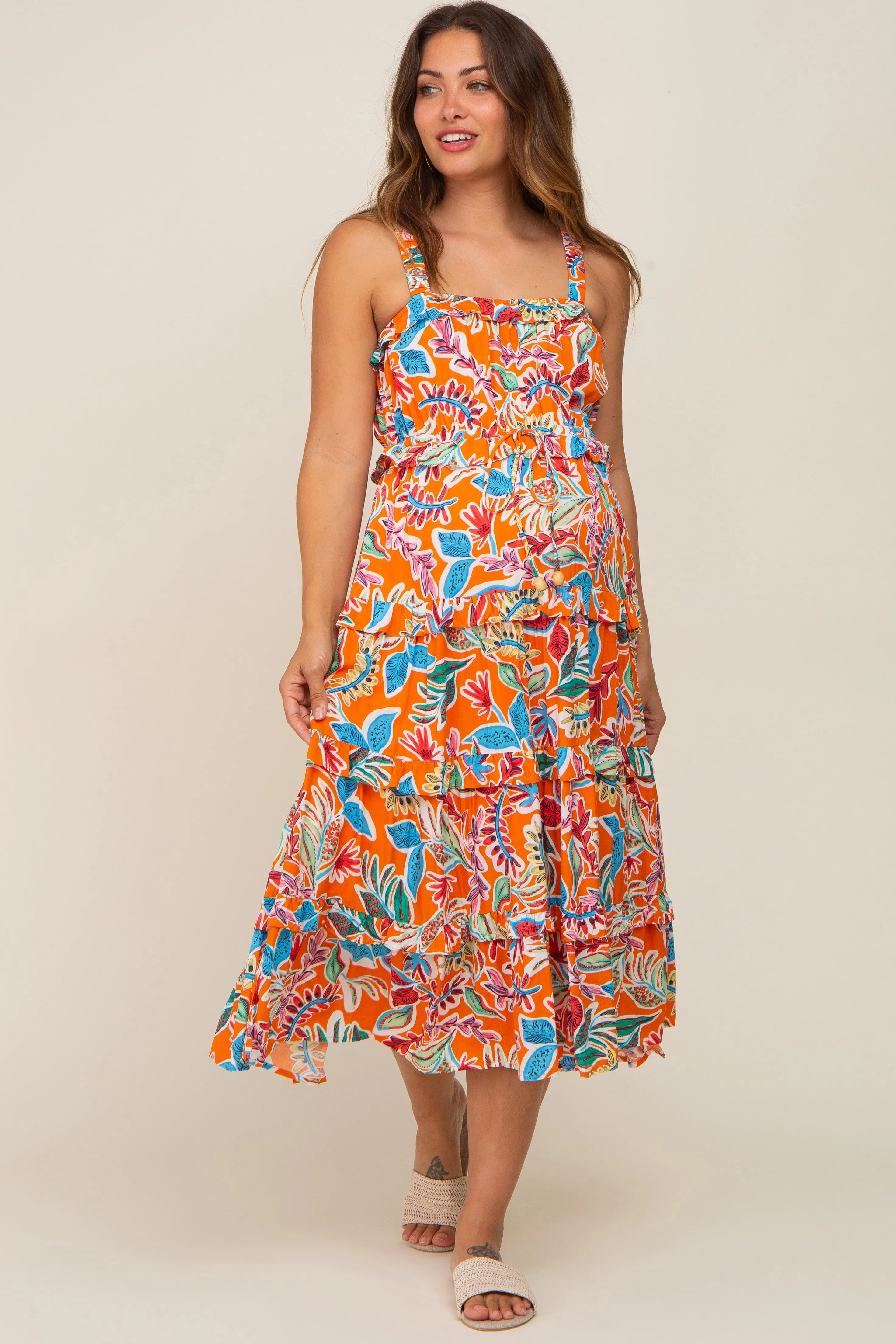 Orange Multi-Color Floral Sleeveless Tiered Maternity Midi Dress sold by Pinkblush