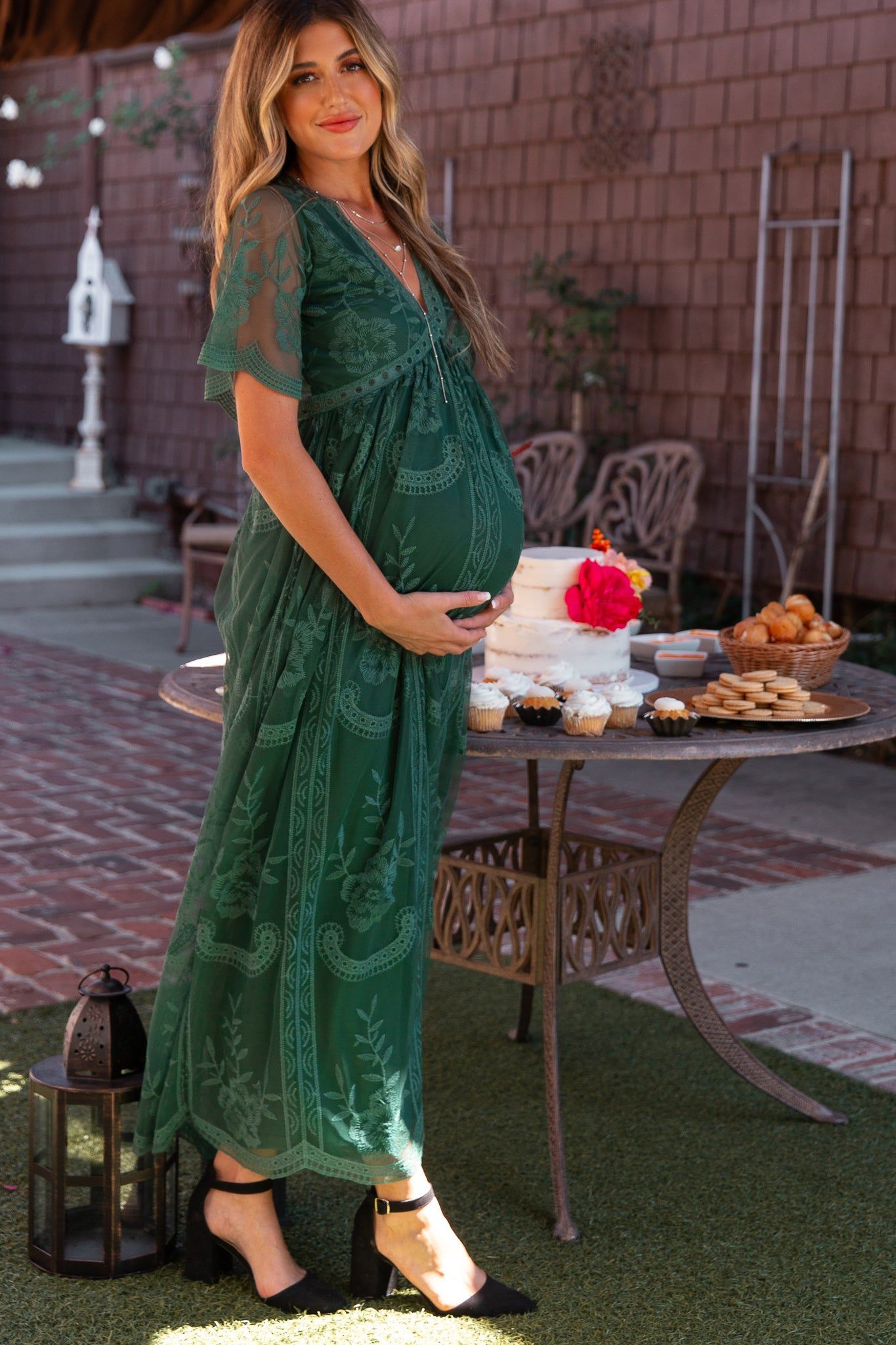Teal Green Lace Mesh Overlay Maternity Maxi Dress sold by Pinkblush product image thumbnail 5