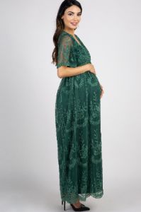 Teal Green Lace Mesh Overlay Maternity Maxi Dress sold by Pinkblush