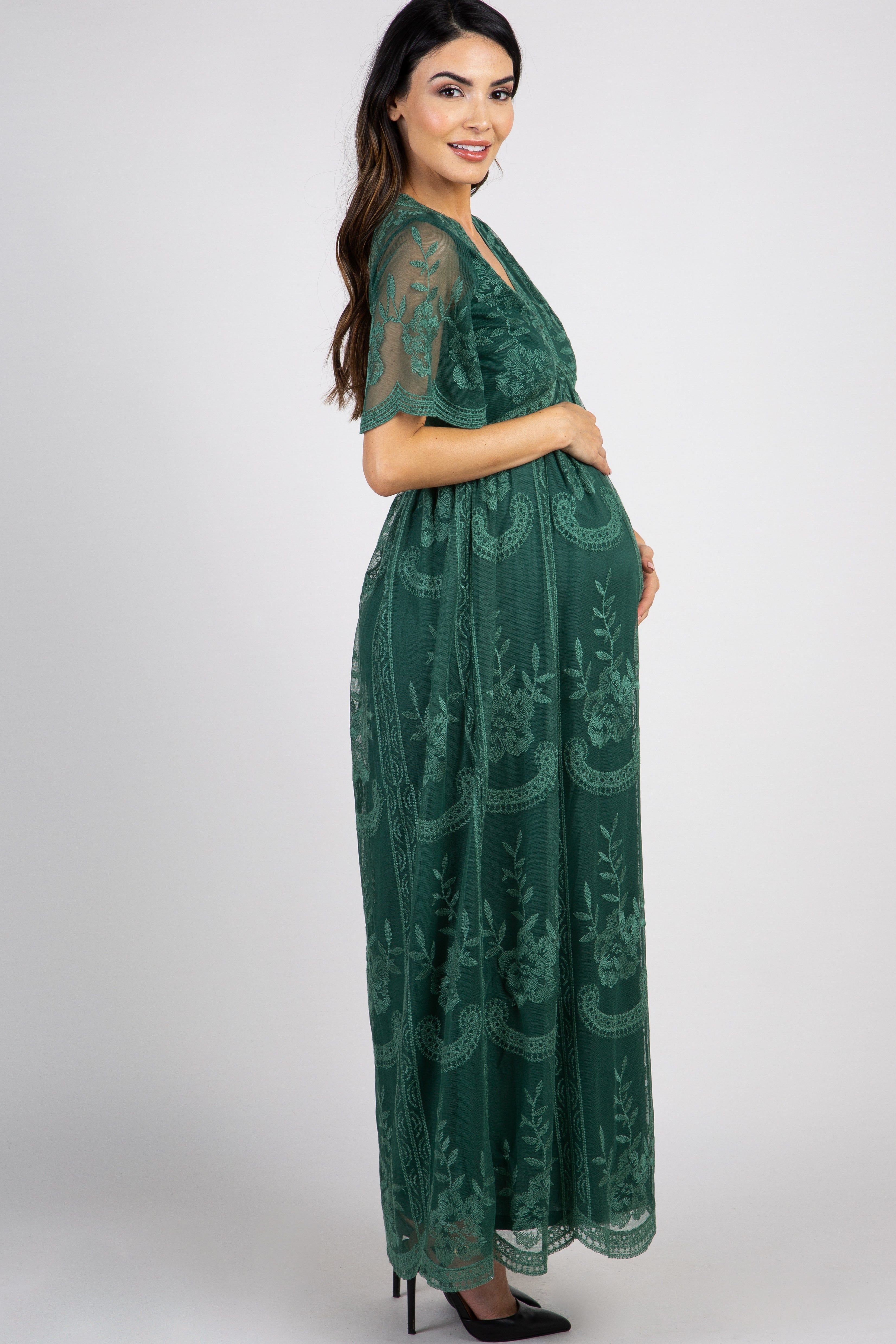 Teal Green Lace Mesh Overlay Maternity Maxi Dress sold by Pinkblush product image thumbnail 2