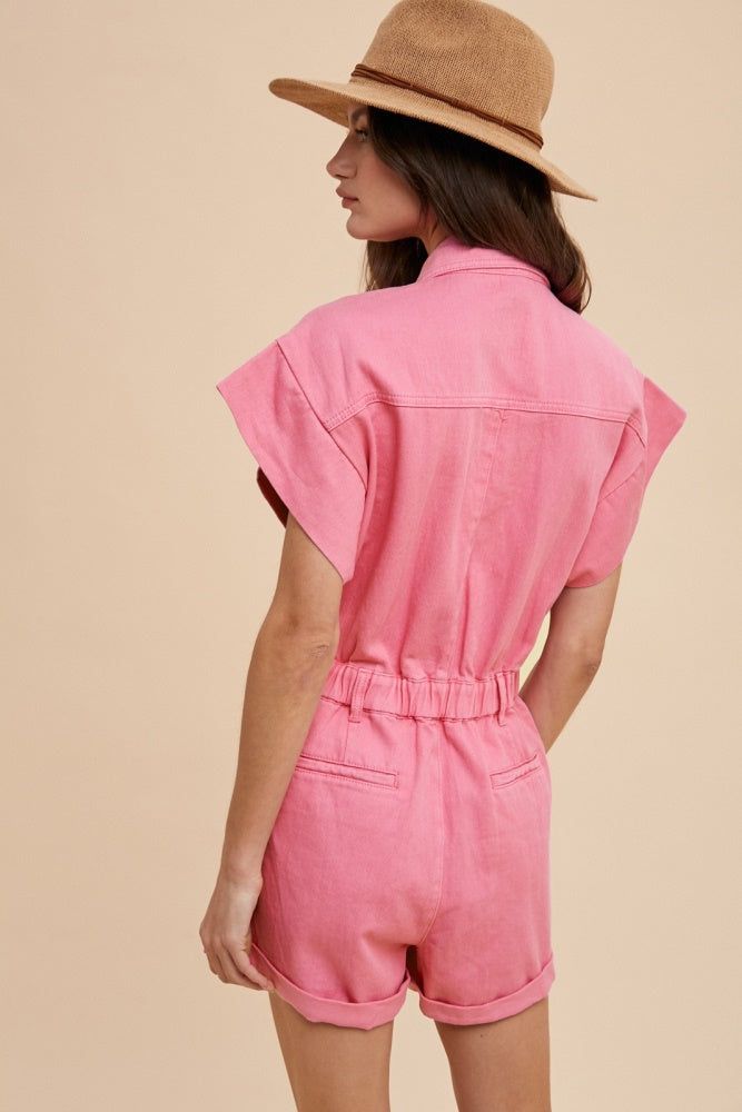 Aurora Pink Mineral Washed Elastic Waistband Pockets Romper sold by Pinkblush product image thumbnail 3