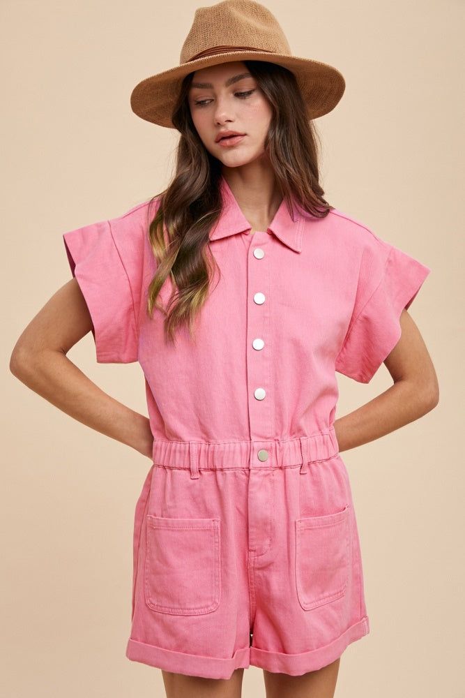 Aurora Pink Mineral Washed Elastic Waistband Pockets Romper sold by Pinkblush