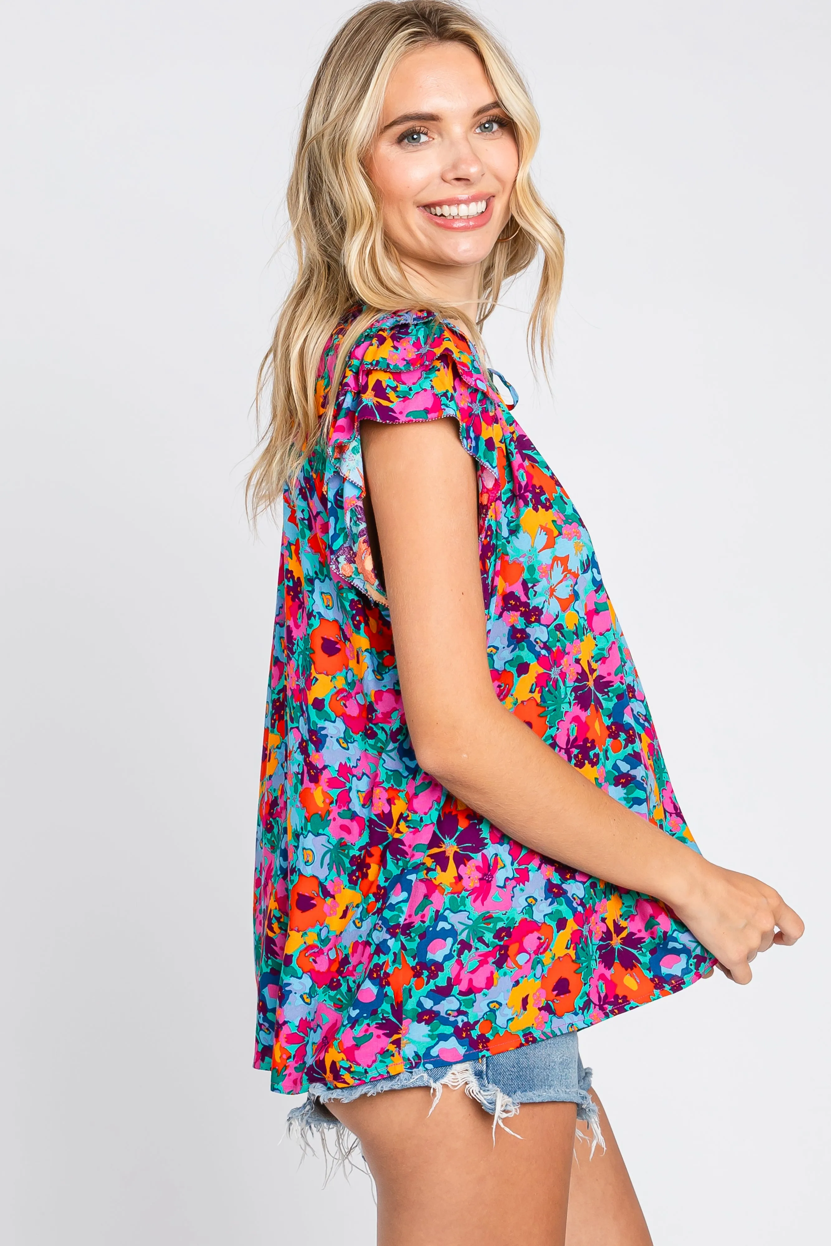 Fuchsia Multi-Color Floral Ruffle Front Tie Top sold by Pinkblush product image thumbnail 2