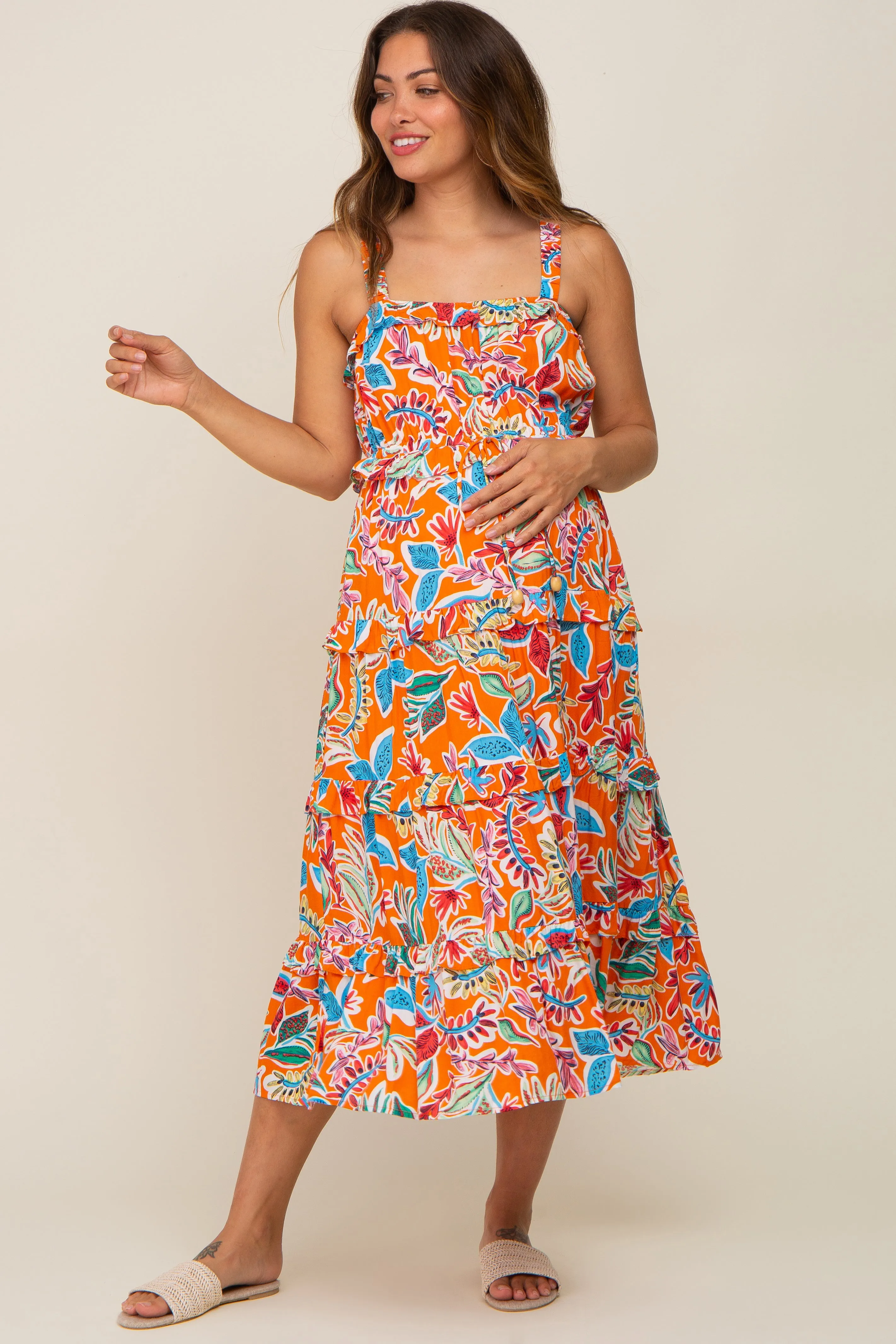 Orange Multi-Color Floral Sleeveless Tiered Maternity Midi Dress sold by Pinkblush product image thumbnail 5