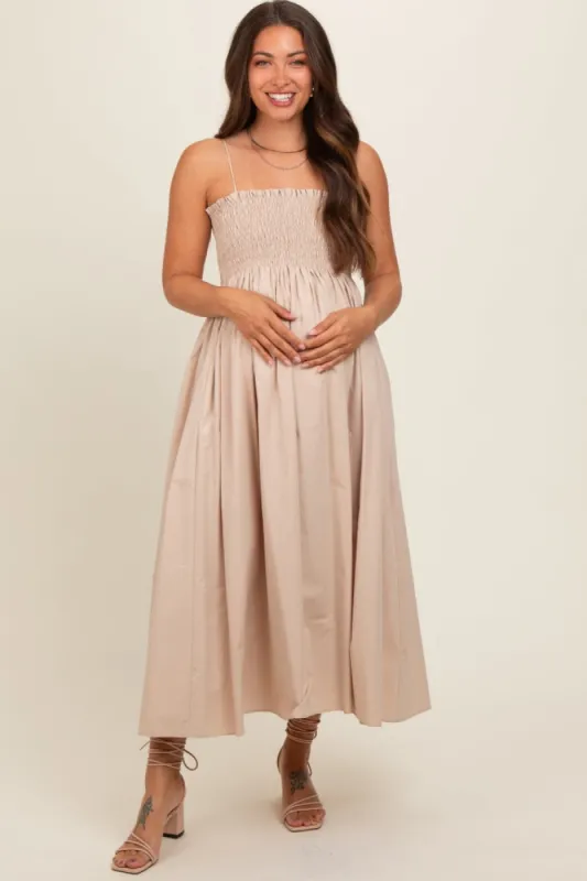 Beige Smocked Pocketed Maternity Midi Dress sold by Pinkblush