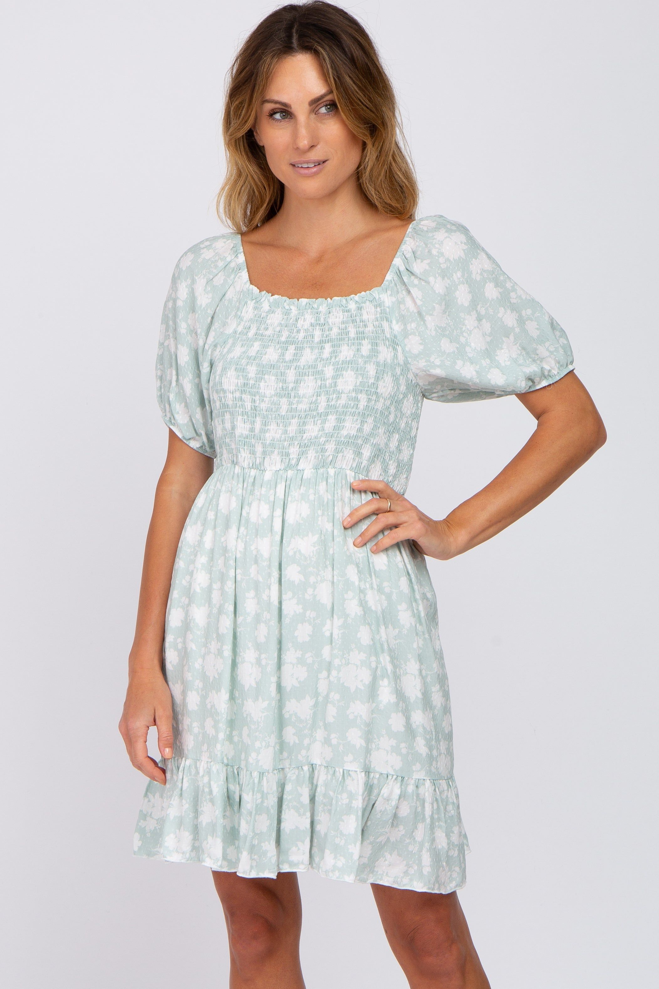 Mint Green Floral Smocked Dress sold by Pinkblush