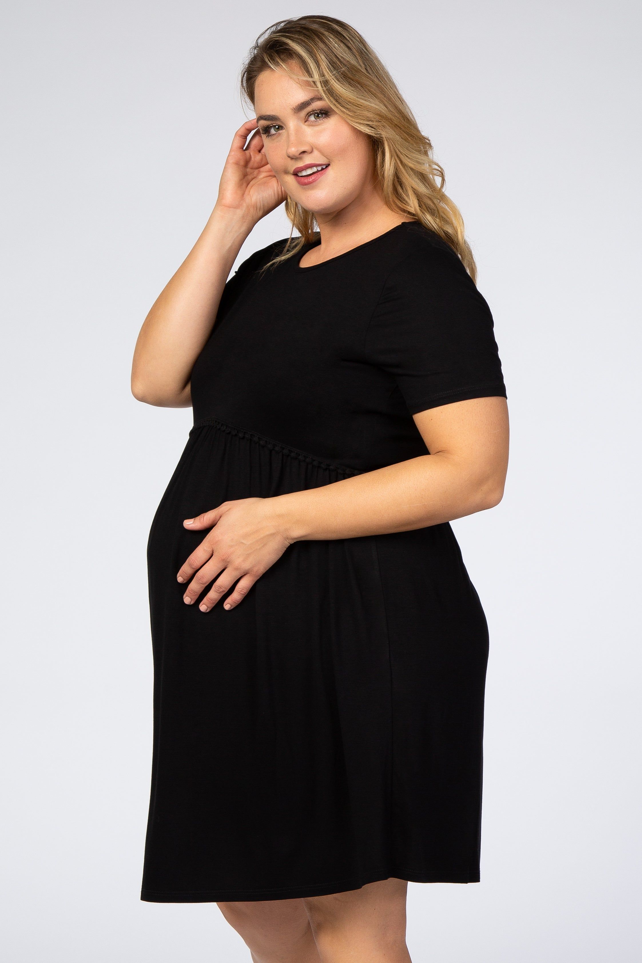 Black Solid Crochet Trim Maternity Plus Shift Dress sold by Pinkblush product image thumbnail 2