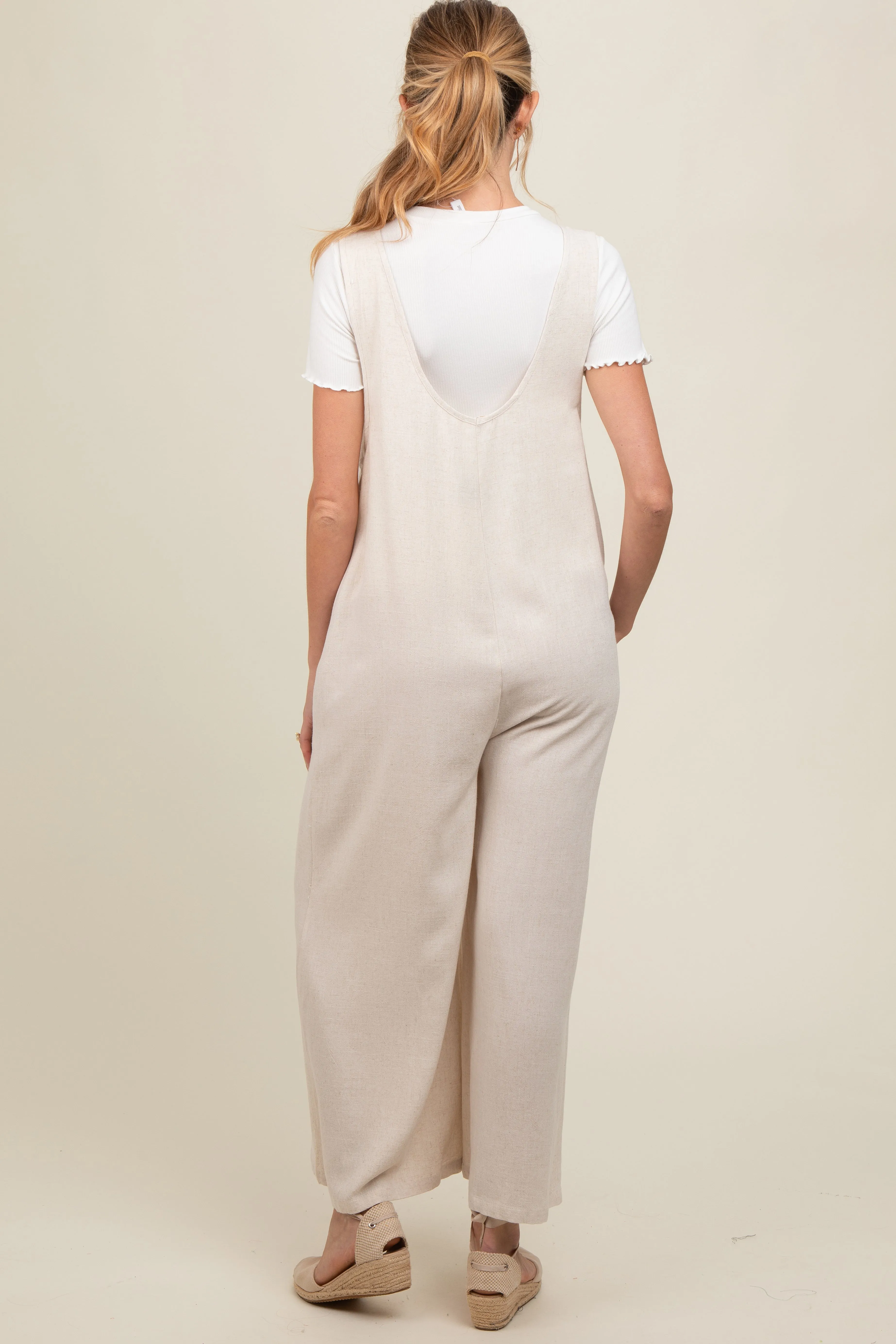 Beige V-Neck Wide Leg Maternity Jumpsuit sold by Pinkblush product image thumbnail 4
