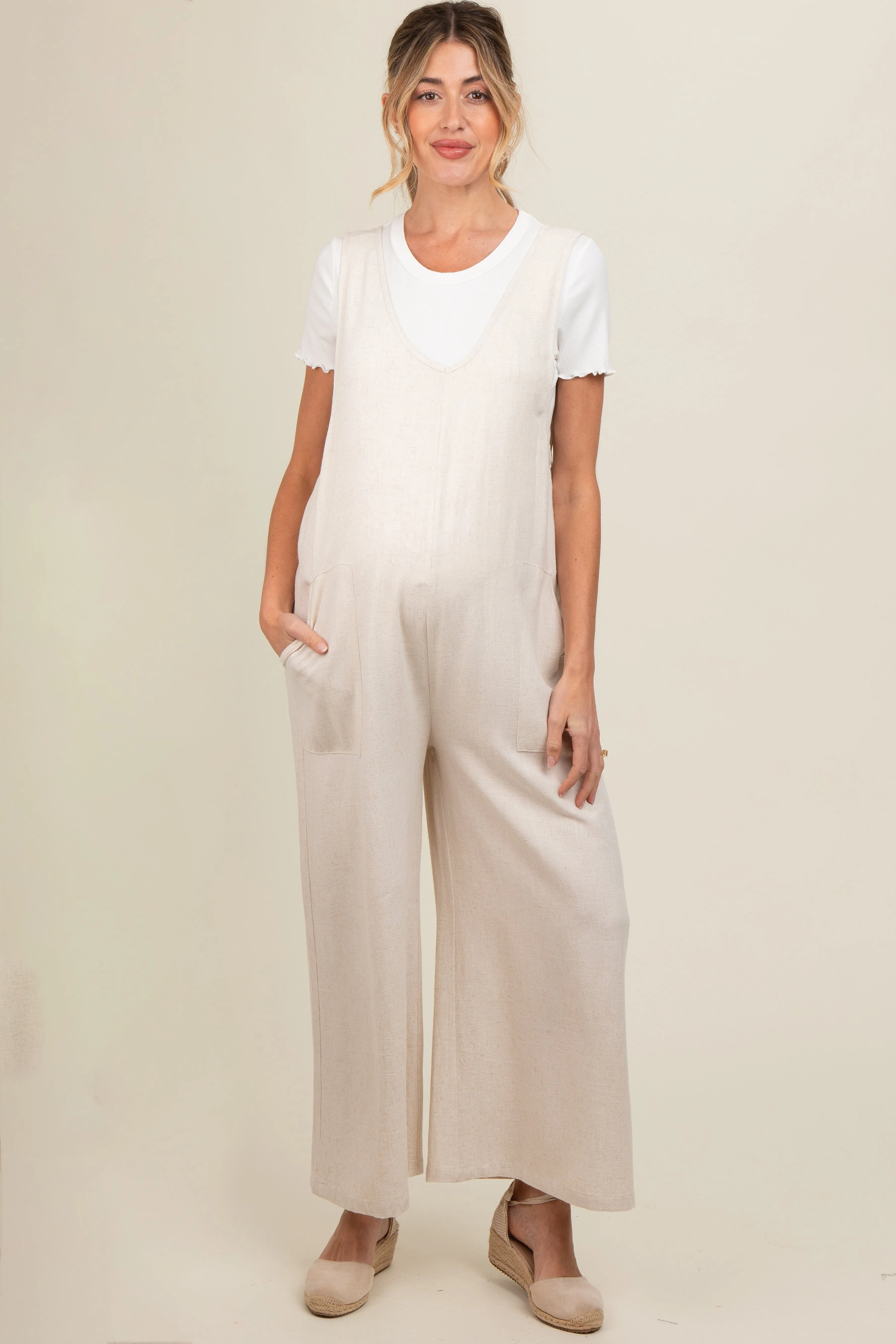 Beige V-Neck Wide Leg Maternity Jumpsuit sold by Pinkblush