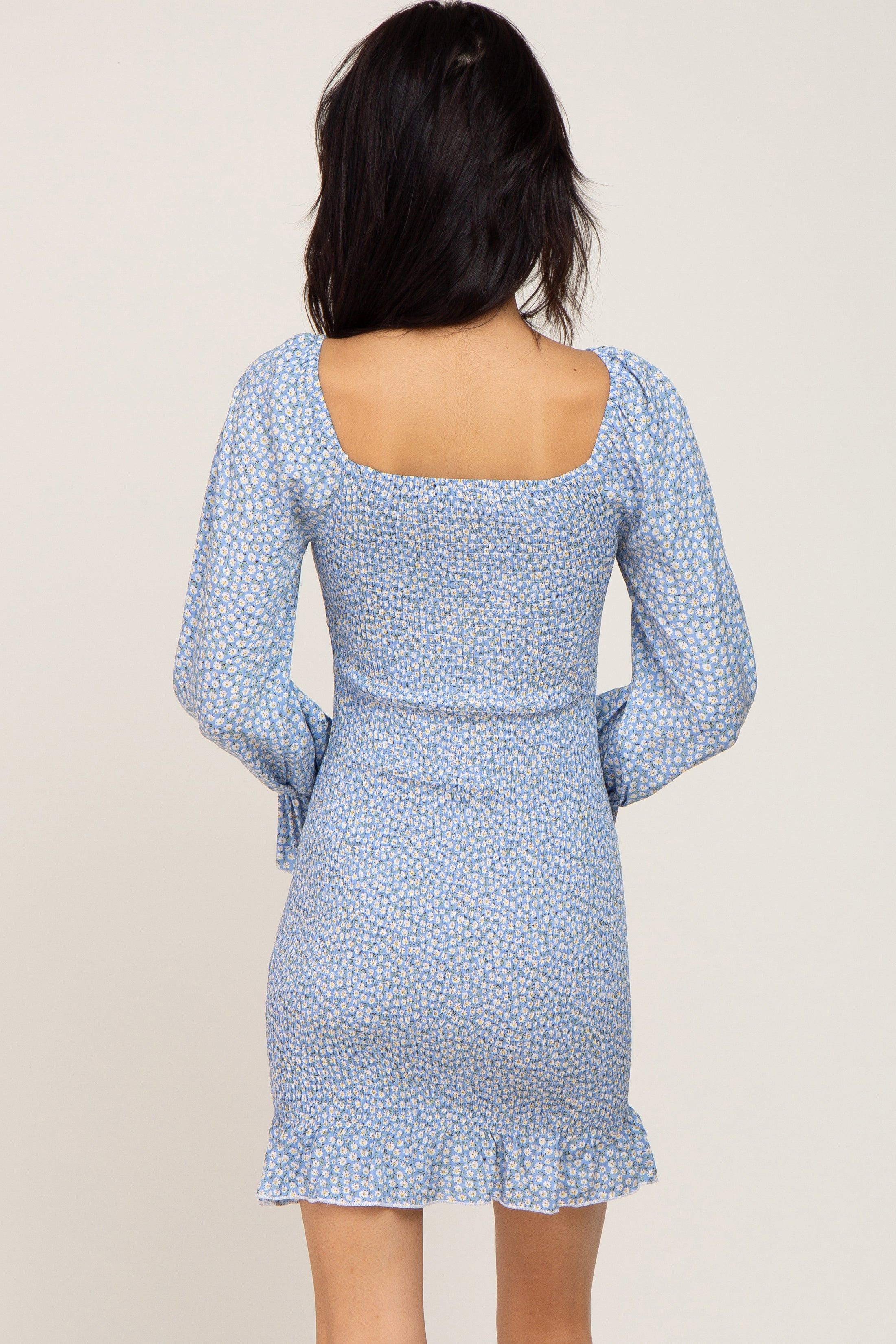 Light Blue Ditsy Floral Smocked Long Sleeve Mini Dress sold by Pinkblush product image thumbnail 3