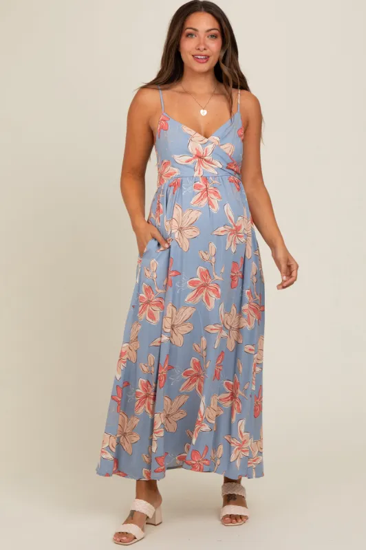 Blue Floral Crossover Neckline Maternity Maxi Dress sold by Pinkblush