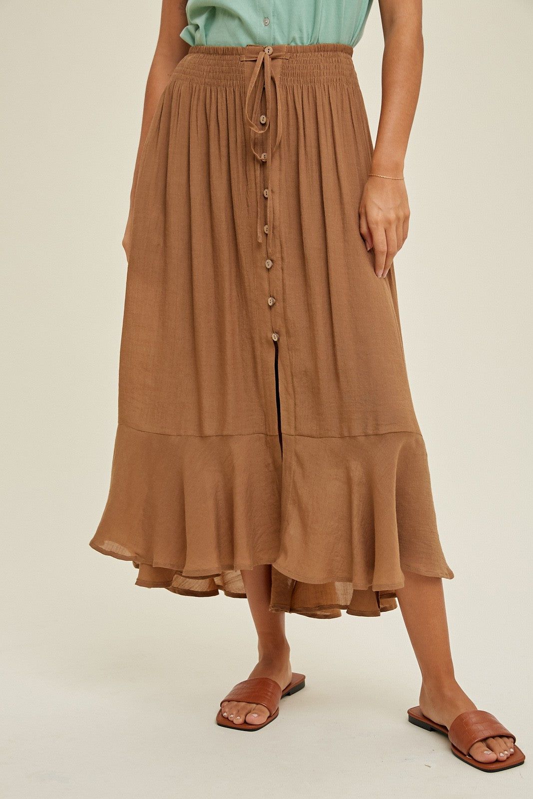 Hazelnut Button-Up Midi Skirt With Drawstring sold by Pinkblush product image thumbnail 2