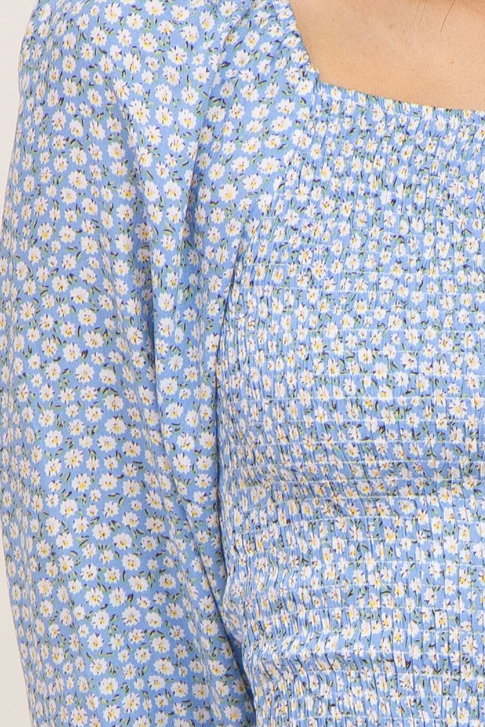 Light Blue Ditsy Floral Smocked Long Sleeve Mini Dress sold by Pinkblush product image thumbnail 4