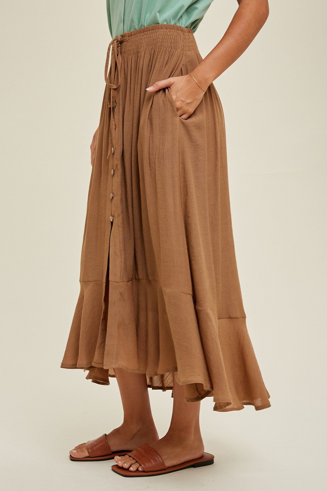 Hazelnut Button-Up Midi Skirt With Drawstring sold by Pinkblush product image thumbnail 3