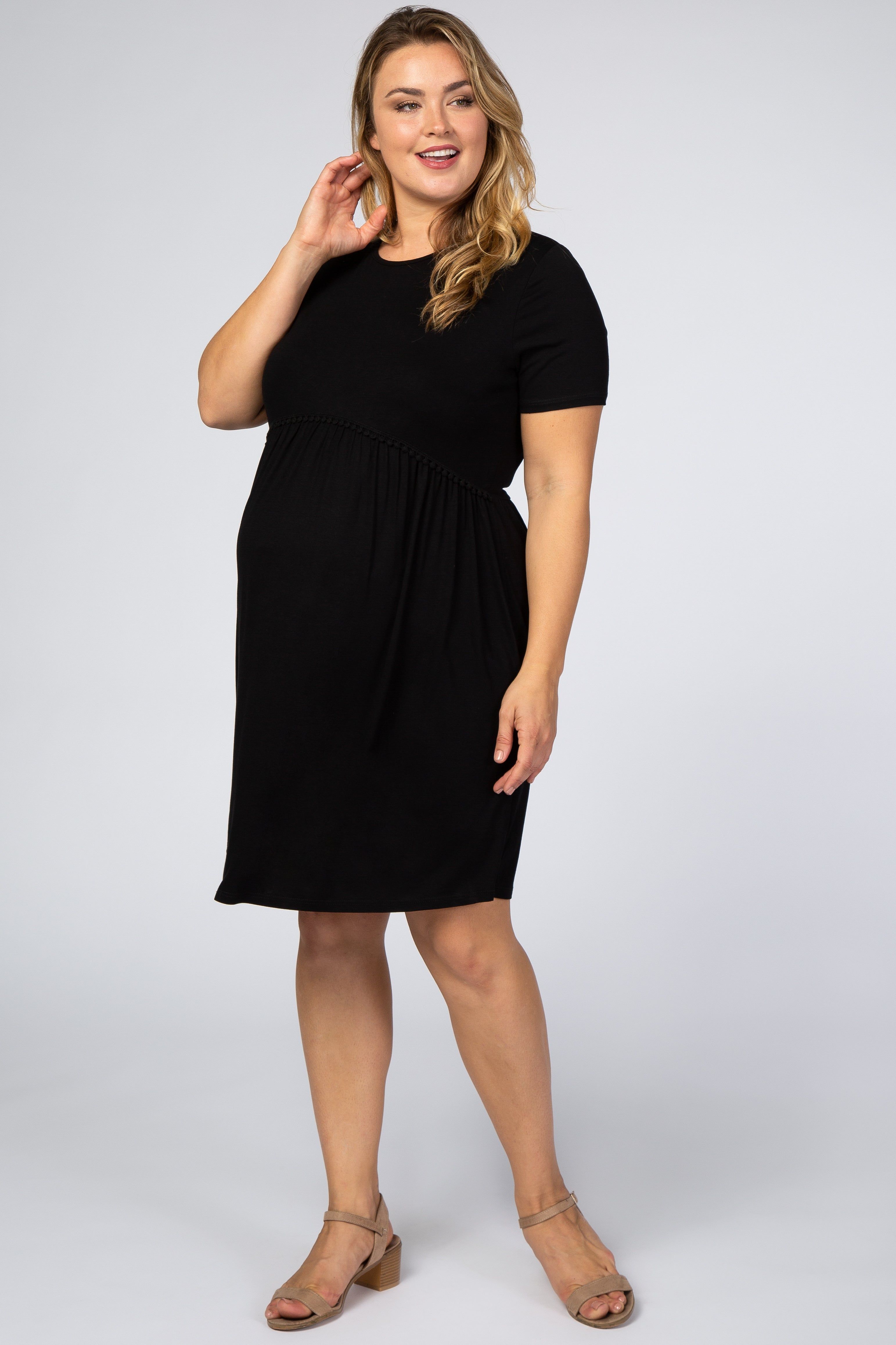 Black Solid Crochet Trim Maternity Plus Shift Dress sold by Pinkblush