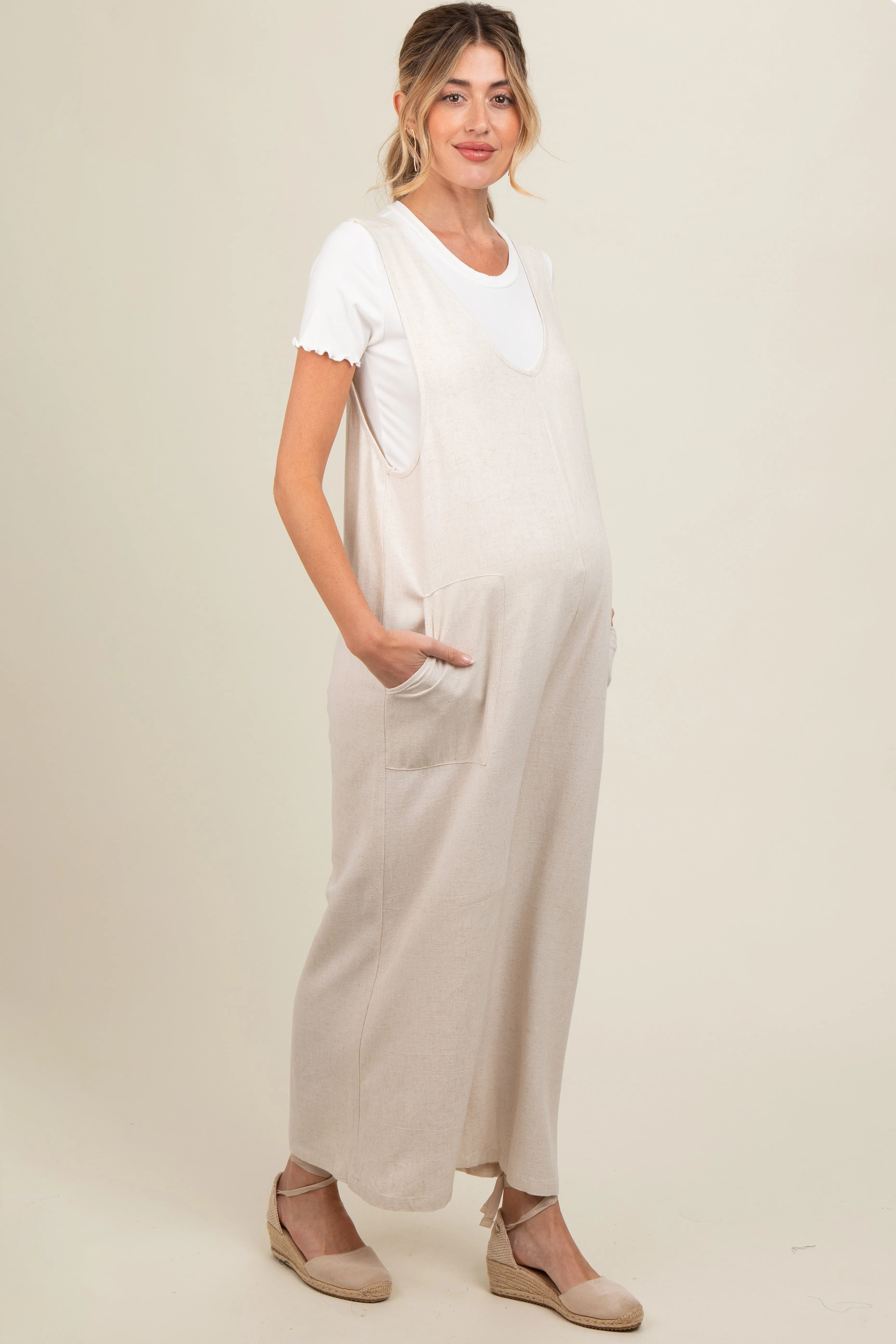Beige V-Neck Wide Leg Maternity Jumpsuit sold by Pinkblush product image thumbnail 3
