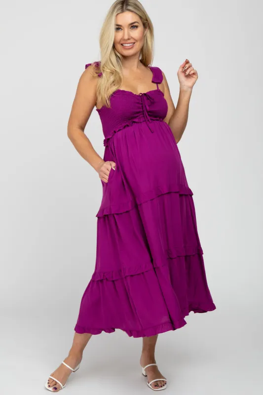 Magenta Ruffle Tiered Maternity Midi Dress sold by Pinkblush