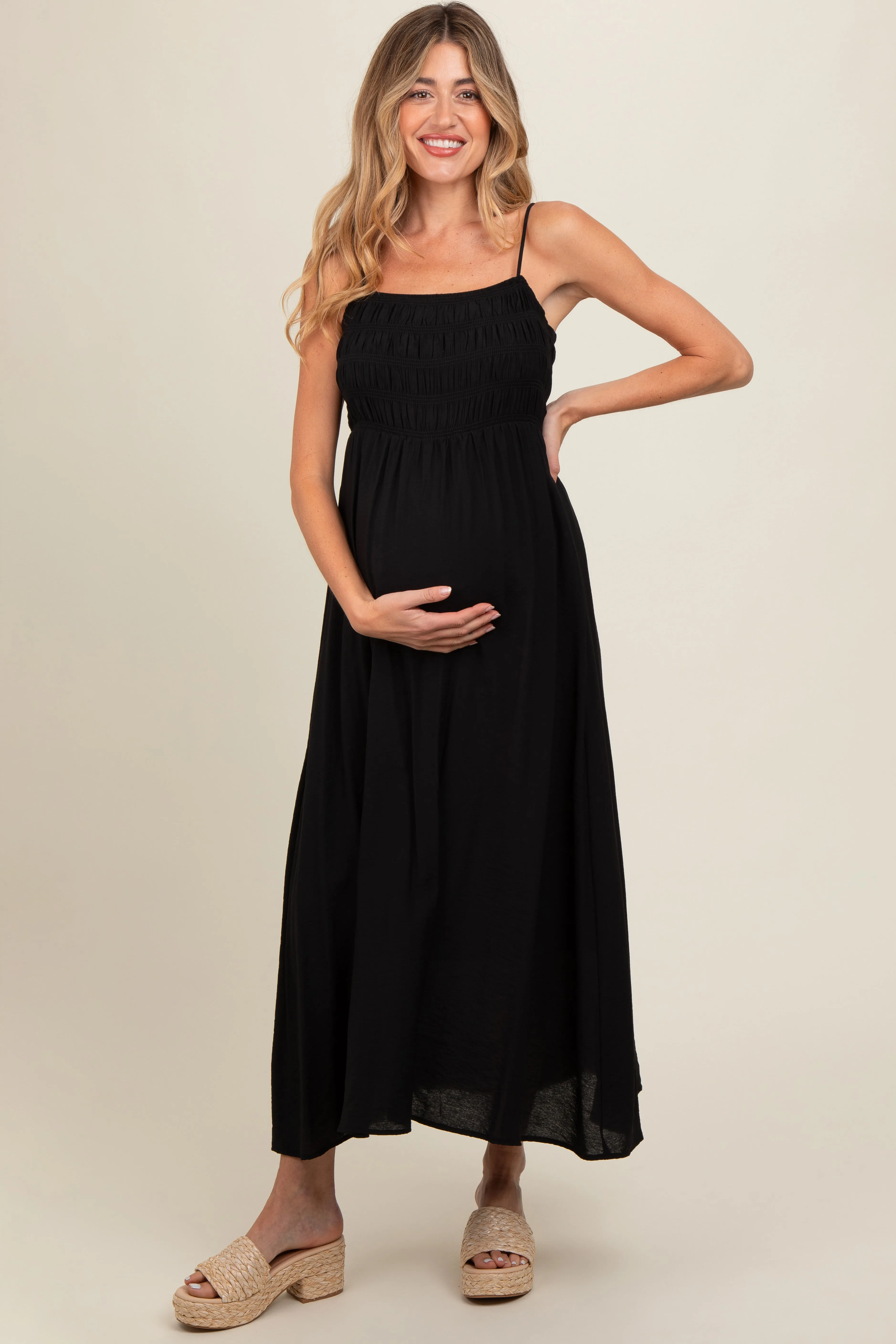 Black Smocked Cutout Lace Up Back Maternity Maxi Dress sold by Pinkblush product image thumbnail 2