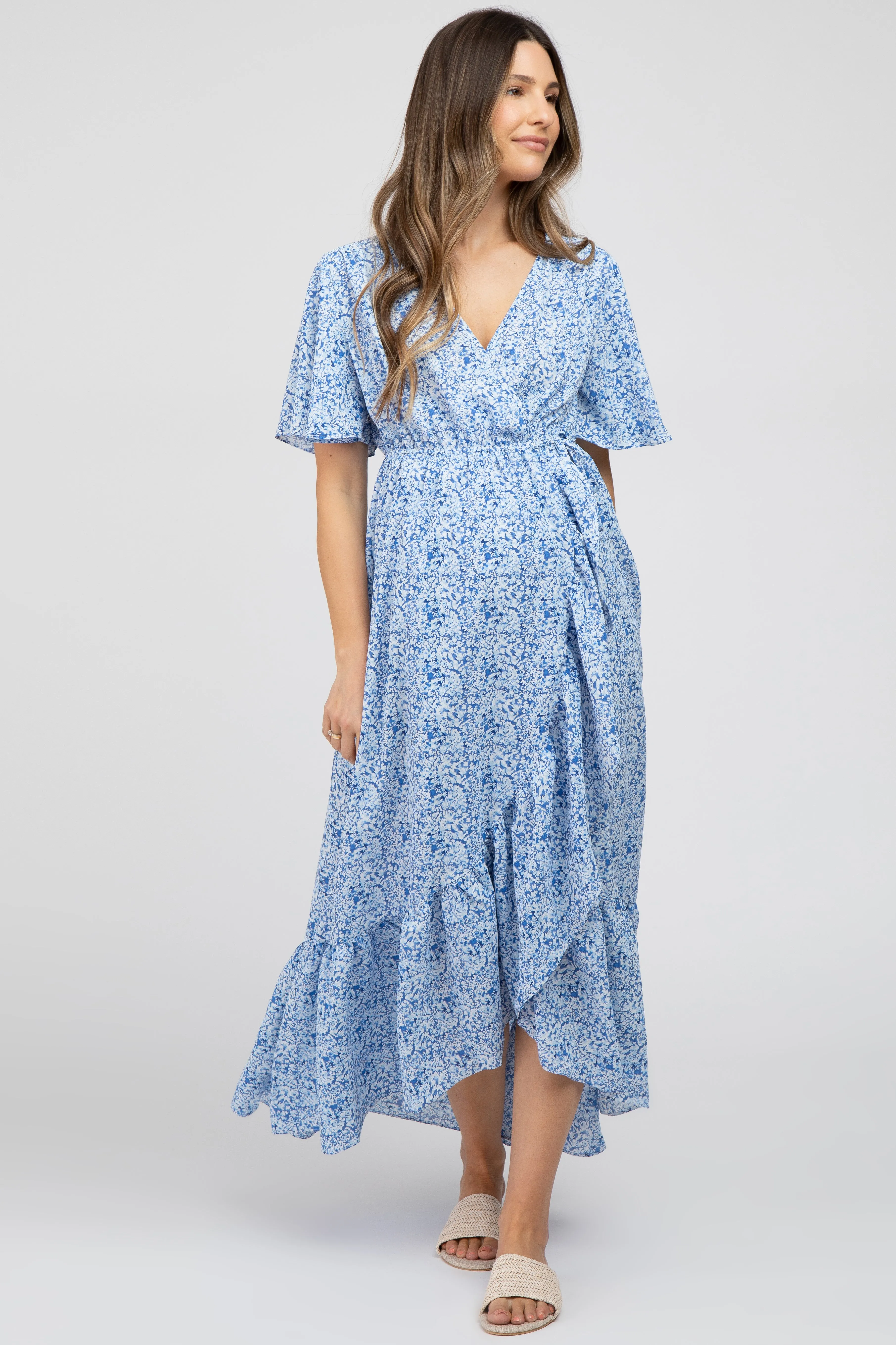 Light Blue Floral Wrap Maternity Midi Dress sold by Pinkblush