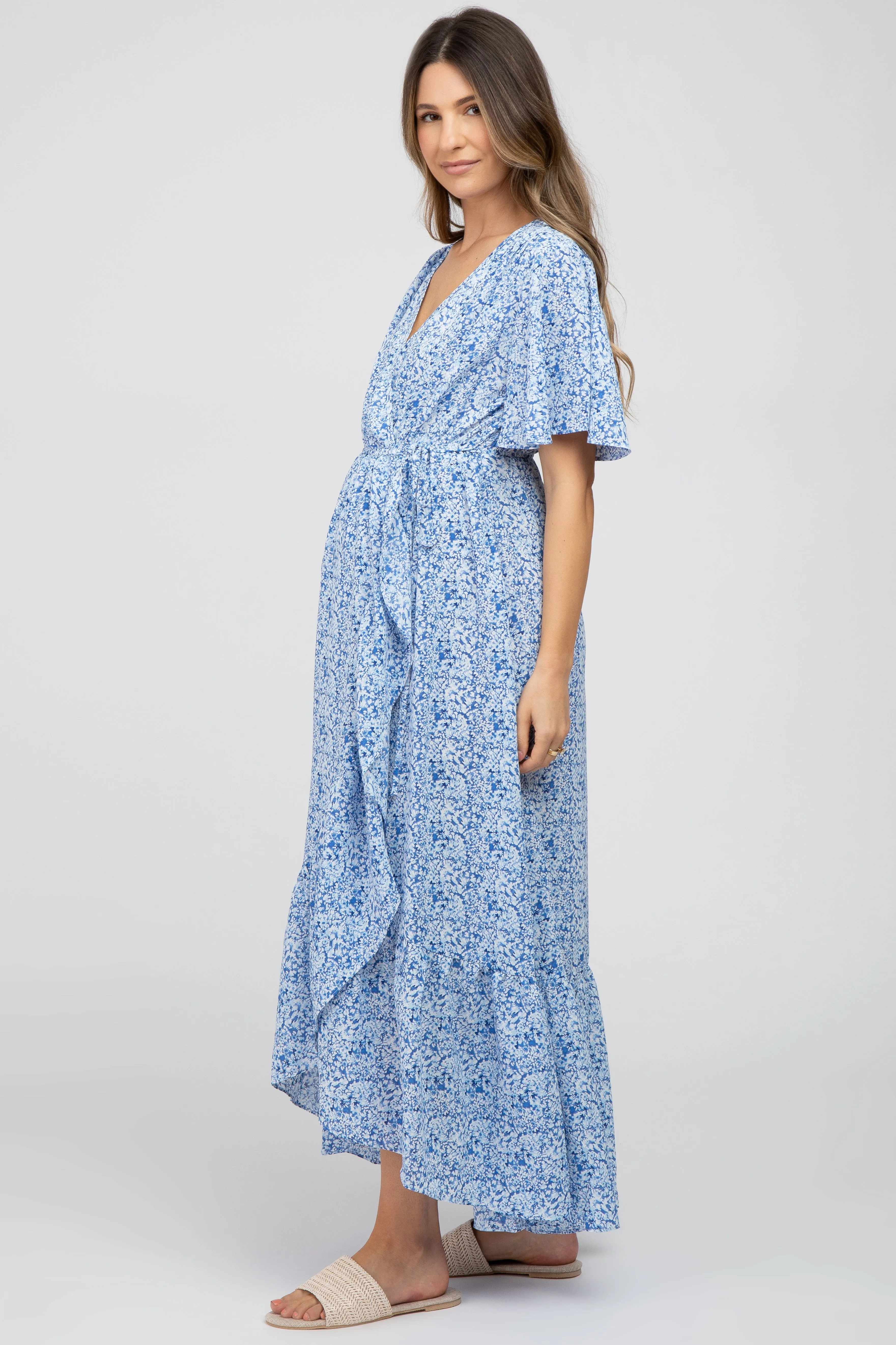 Light Blue Floral Wrap Maternity Midi Dress sold by Pinkblush product image thumbnail 2