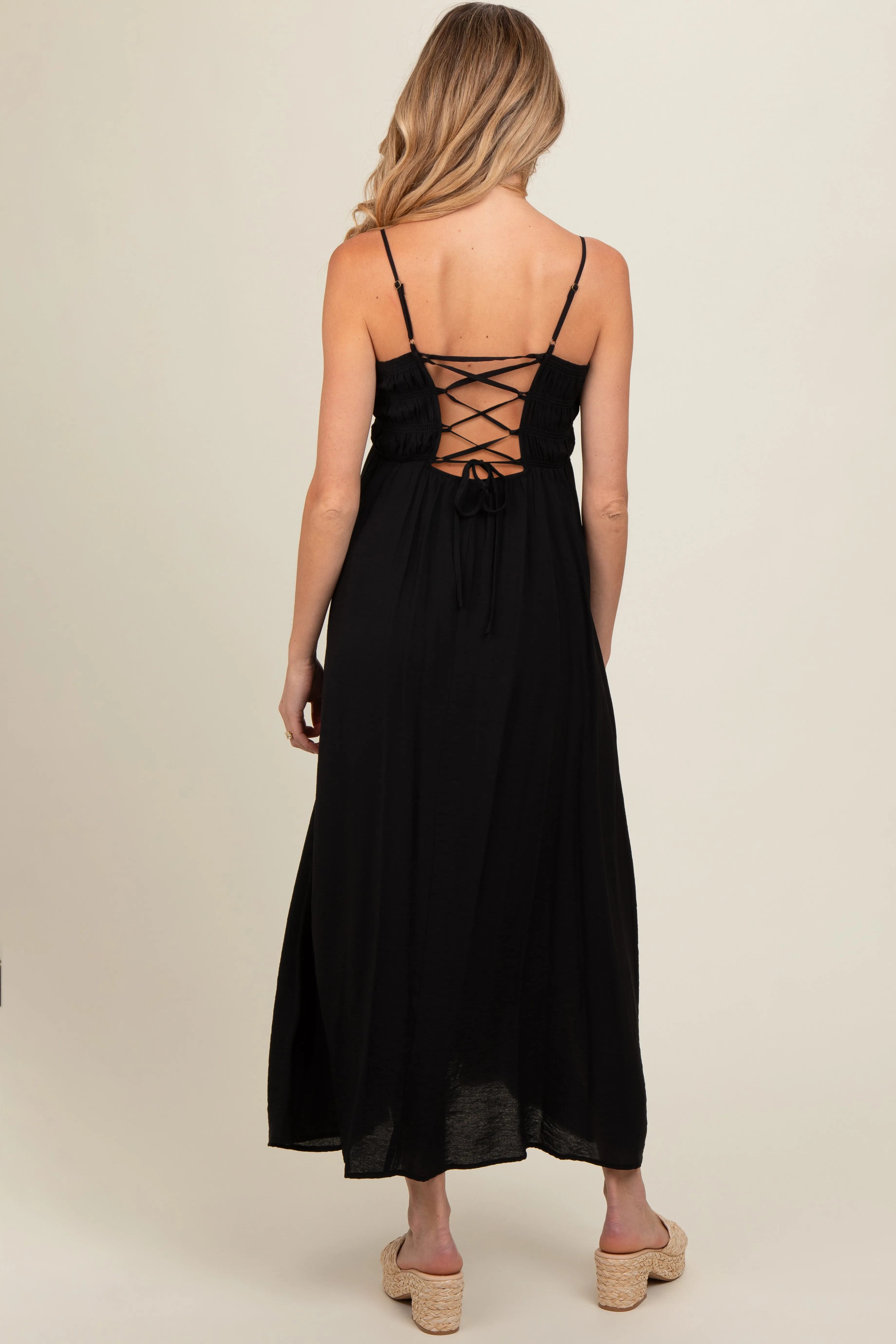 Black Smocked Cutout Lace Up Back Maternity Maxi Dress sold by Pinkblush product image thumbnail 4