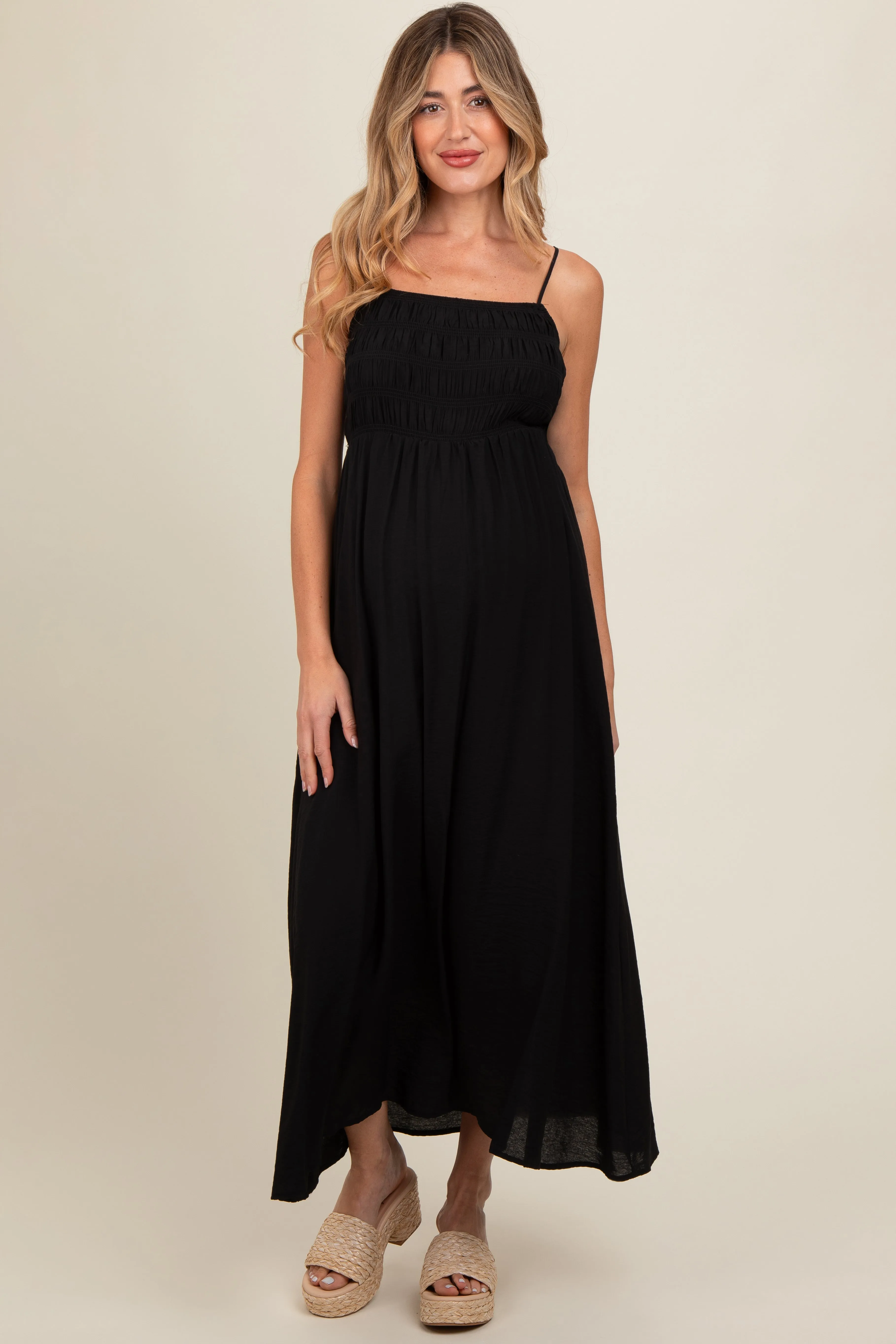 Black Smocked Cutout Lace Up Back Maternity Maxi Dress sold by Pinkblush