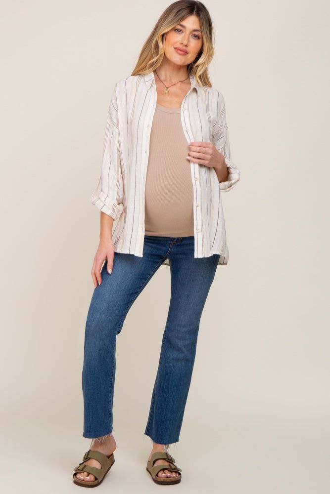 Ivory Mocha Striped Maternity Linen Button Down Shirt sold by Pinkblush product image thumbnail 4