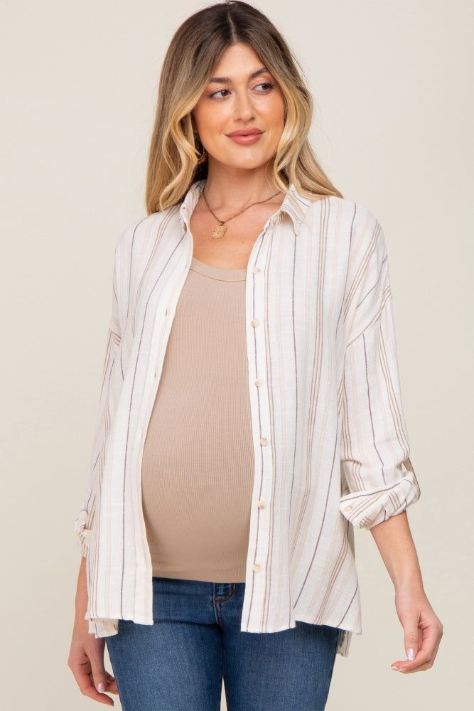 Ivory Mocha Striped Maternity Linen Button Down Shirt sold by Pinkblush