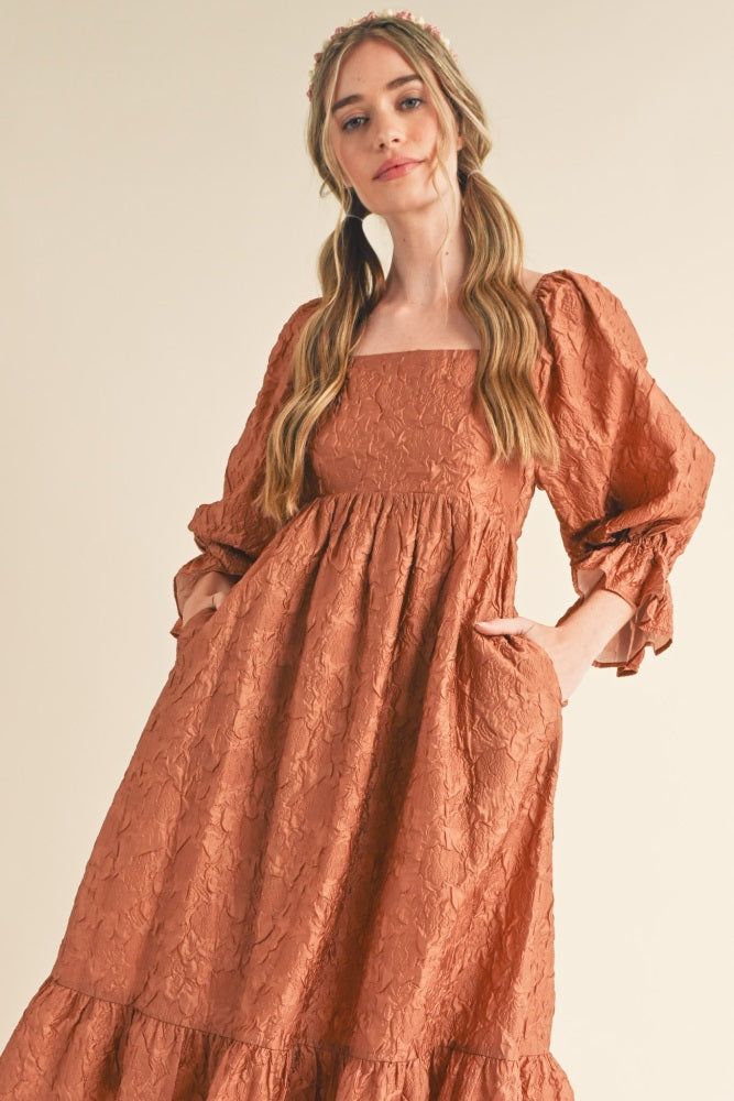 Rust Metallic Jacquard Floral Midi Dress sold by Pinkblush product image thumbnail 4